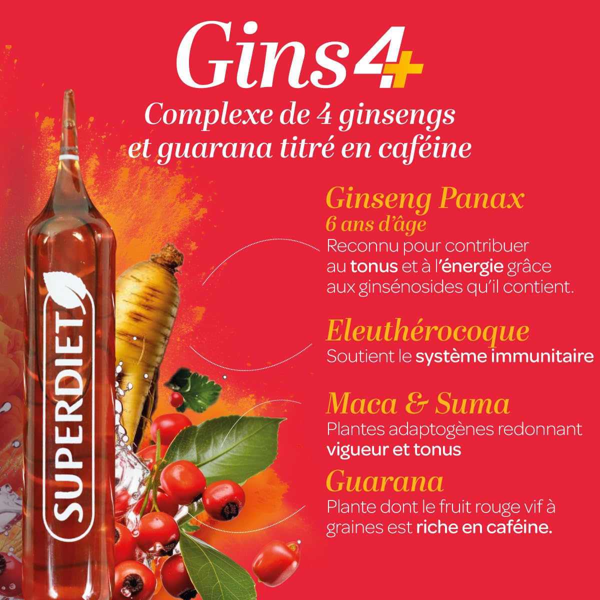 SUPERDIET - 4 GINSENGS ET GUARANA - Boosters toniques, Défenses immunitaires, Formule à bases de 4 ginsengs-20 ampoules de 10 ml