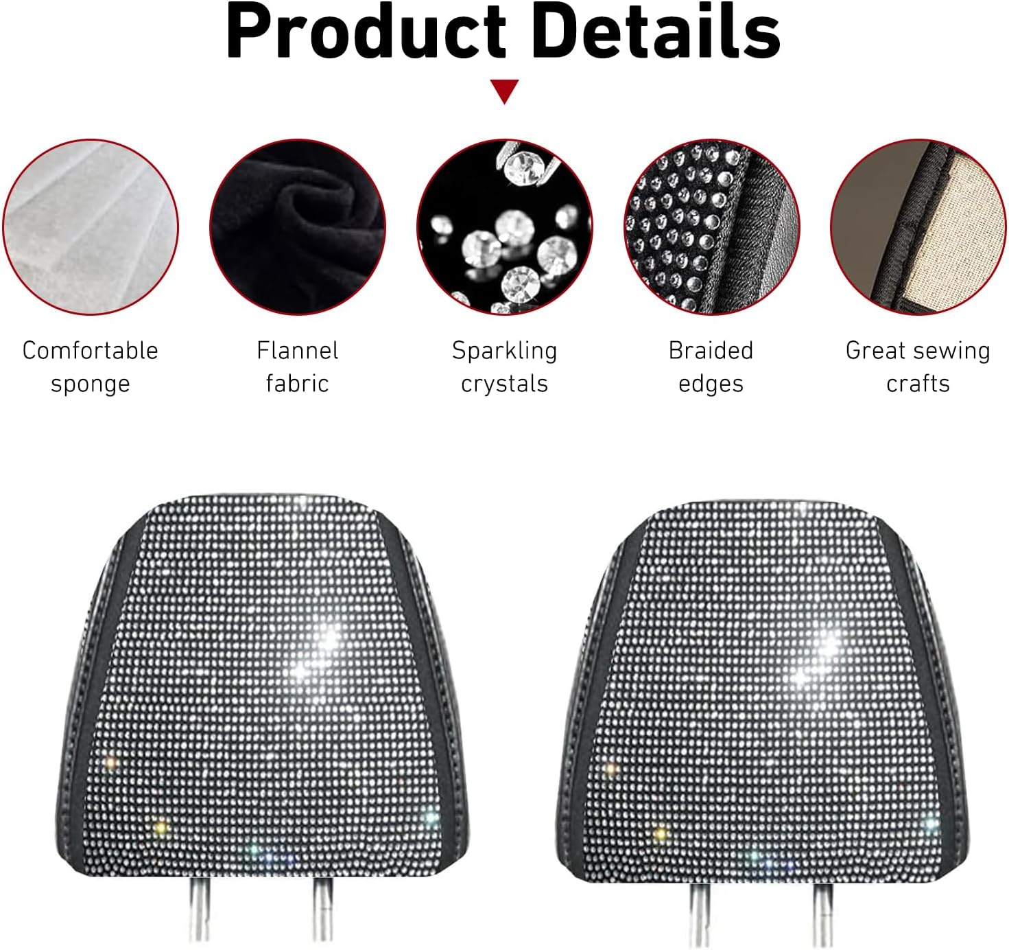 2 PCS Bling Car Headrest Covers, 10.23" x 13.77" Sparkling Rhinestone Breathable Car Head Rest Cover, Anti-Dirty Soft Headrest Protector, Universal for Cars, Vans, Trucks (White) image 4