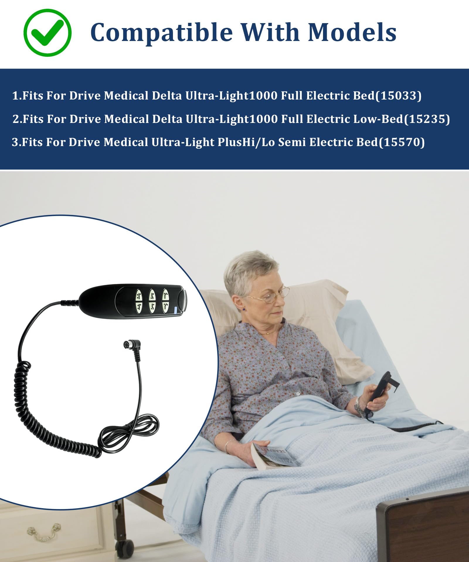 Mando a distancia de 6 botones y 7 pines 15033HC-G | Compatible con modelos de cama de hospital eléctrica Drive Medical Delta Ultra-Light 1000 Full-15033 y 15235