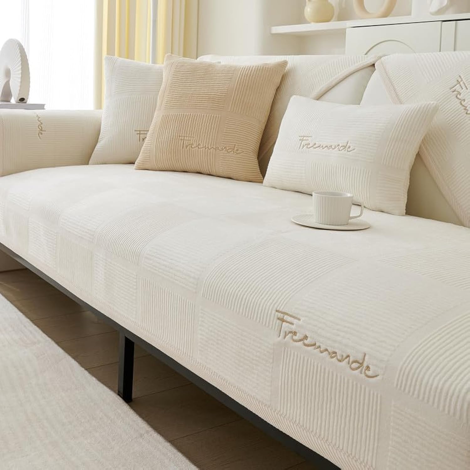 Soft Milk Fleece Sofa Covers Washable - New Sofa Cushion Covers, Non-Slip Sofa Cover 1 2 3 Seater Couch Covers for Sectional Sofa, Sofa Slipcovers L Shape Furniture Protector (Beige White, 90x90cm)