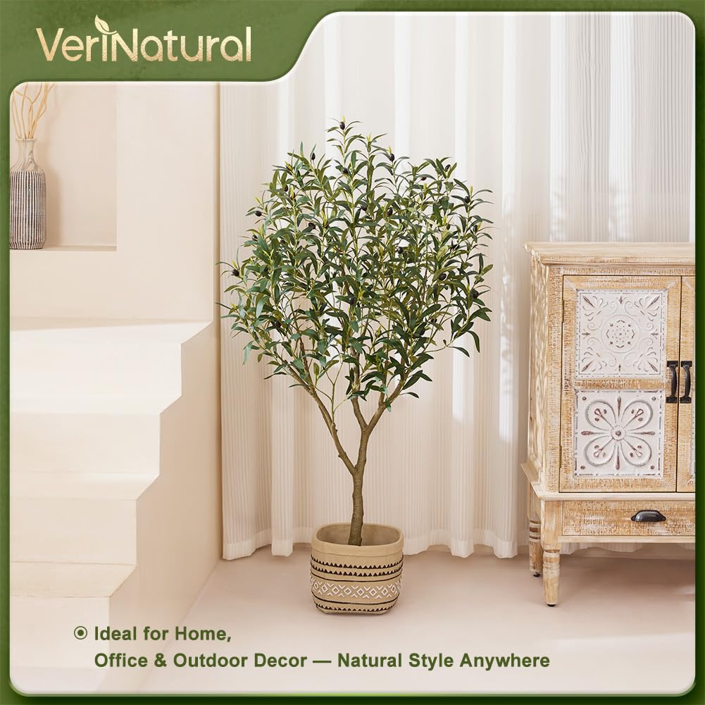 VeriNatural Olivenbaum Künstlich 150 cm Künstliche Pflanzen Groß – 40 Früchte & 856 Seide Blätter wie Echt mit Topf, UV-beständig Verstellbare – Kunstpflanze für Wohnzimmer Büro Balkon Deko, VN126 | Künstliche Pflanzen Groß mit 40 Früchte & 856 Seide Blät