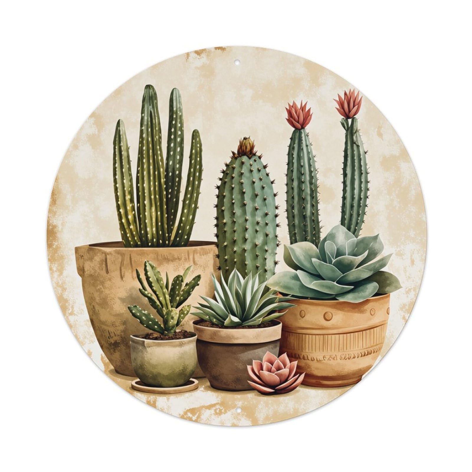Cactus Plants In Pots Pattern Round Tin Sign Retro Metal Sign for Cafe Bar Pub Home Game Room Gym Club Wall Decoration Vintage Metal Poster 8x8 Inch