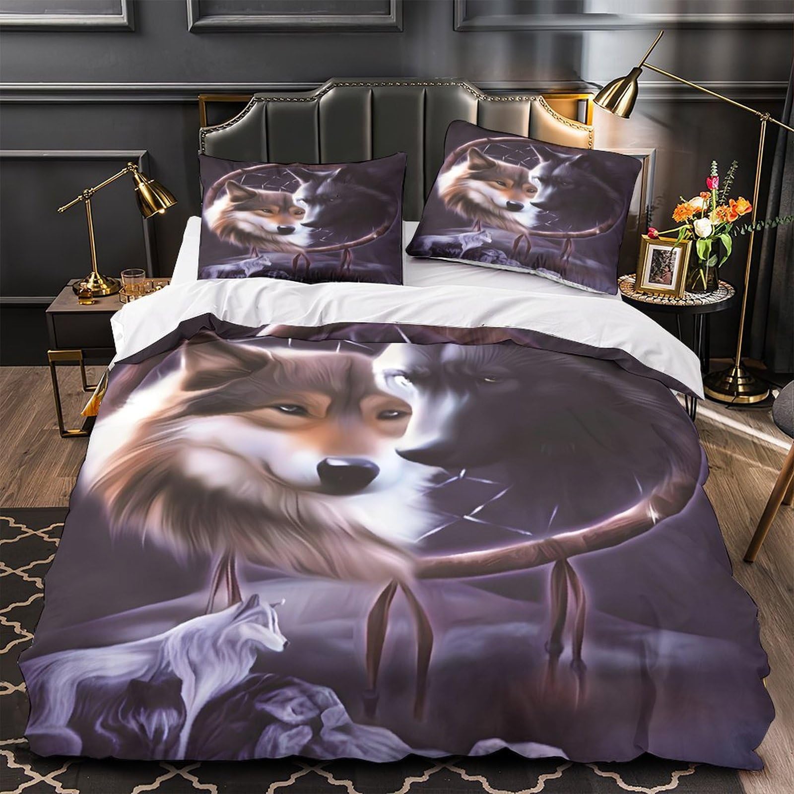 Parure de lit loup housse de couette 135x200cm attrape-rêves garçon