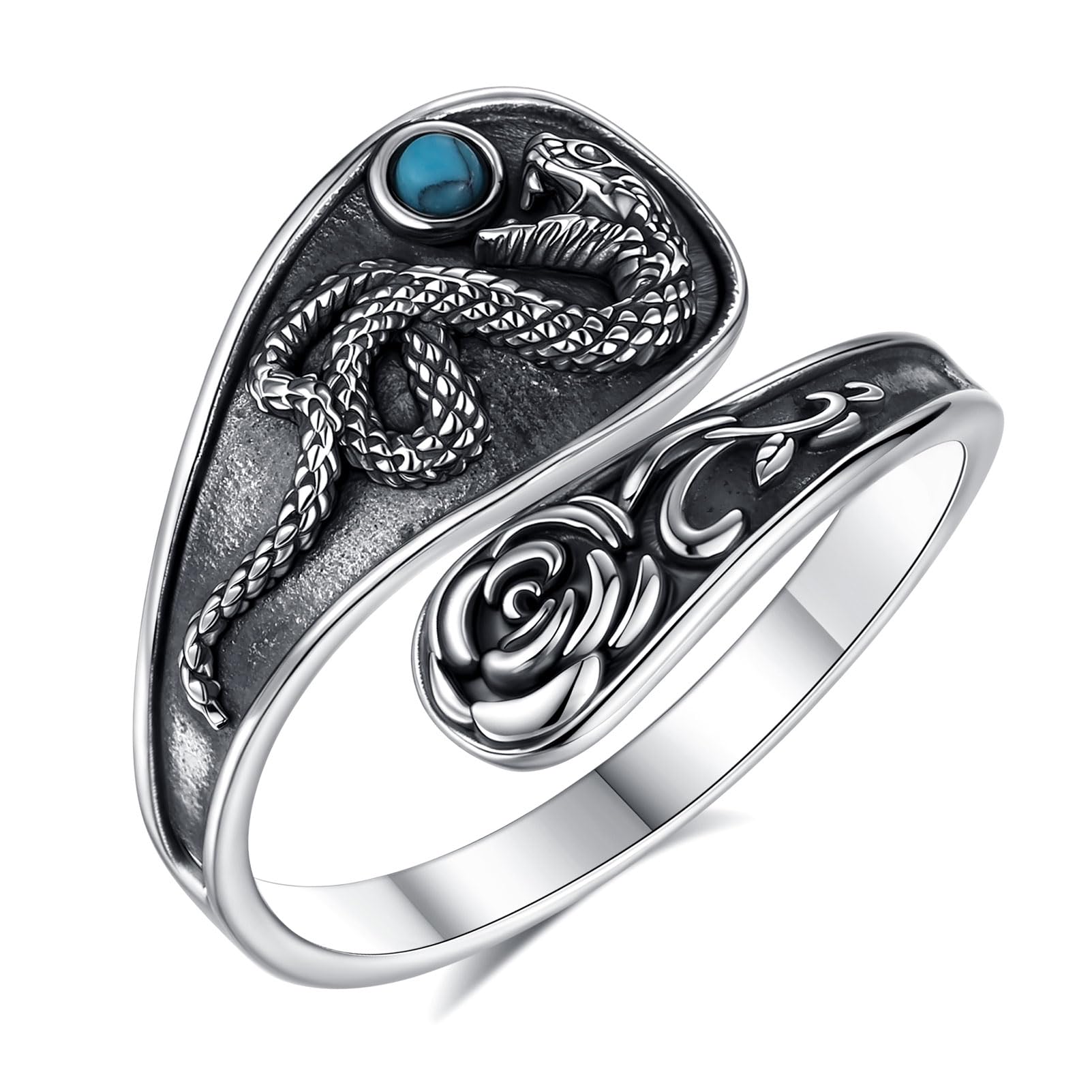 INFUSEU Schlangenring Damen 925 Sterling Silber Ring mit Türkis Stein Rosen Motiv Vintage Löffelring Schlange Schmuck Boho Ring Verstellbarer Silberring Geschenk Frauen