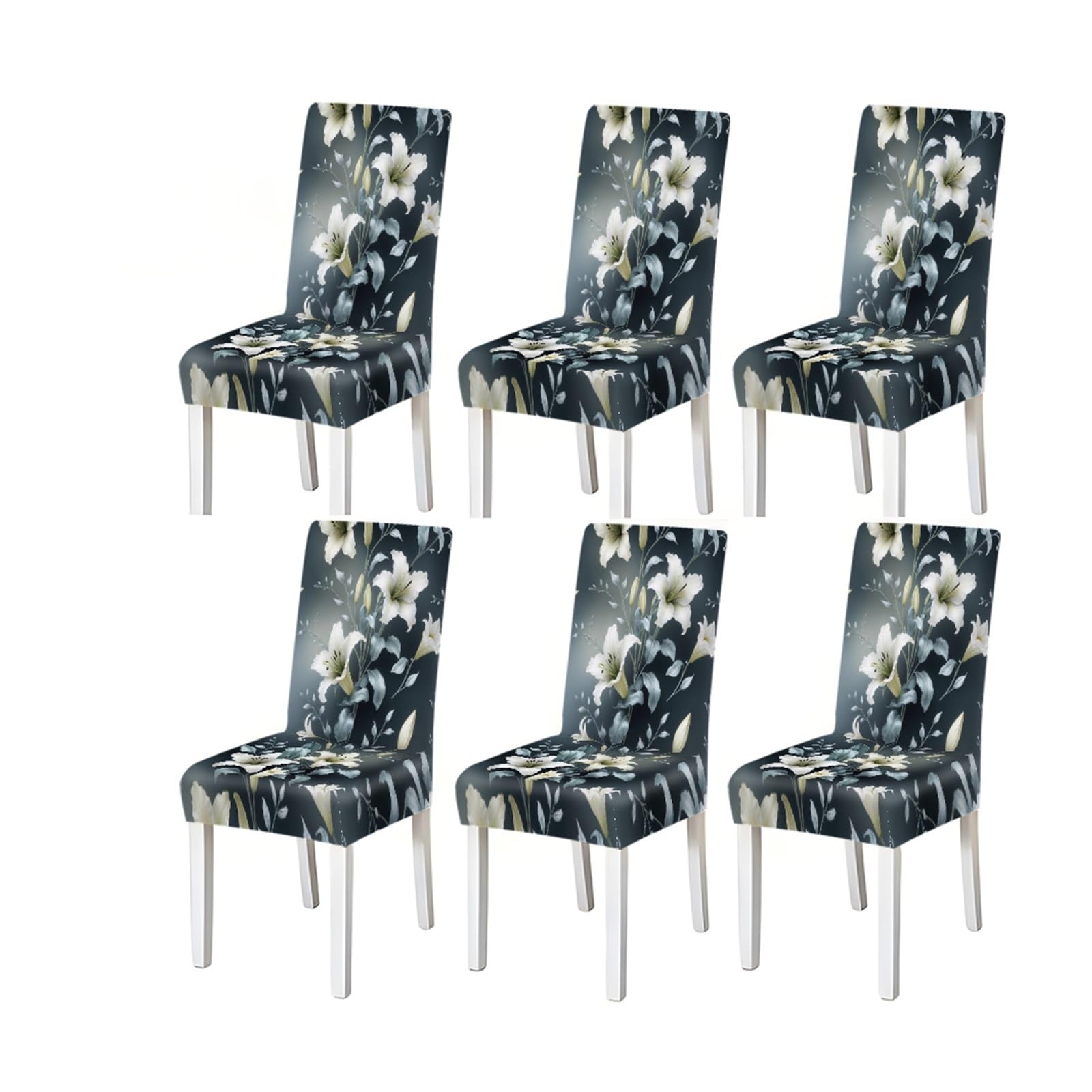 BOSUYBN Elegant White Lily Floral Print Stretch Dining Chair Covers, 2/4/6 PCS For Home Kitchen Party Furniture Protectors for Home Dining Room(6PCSChair cover)