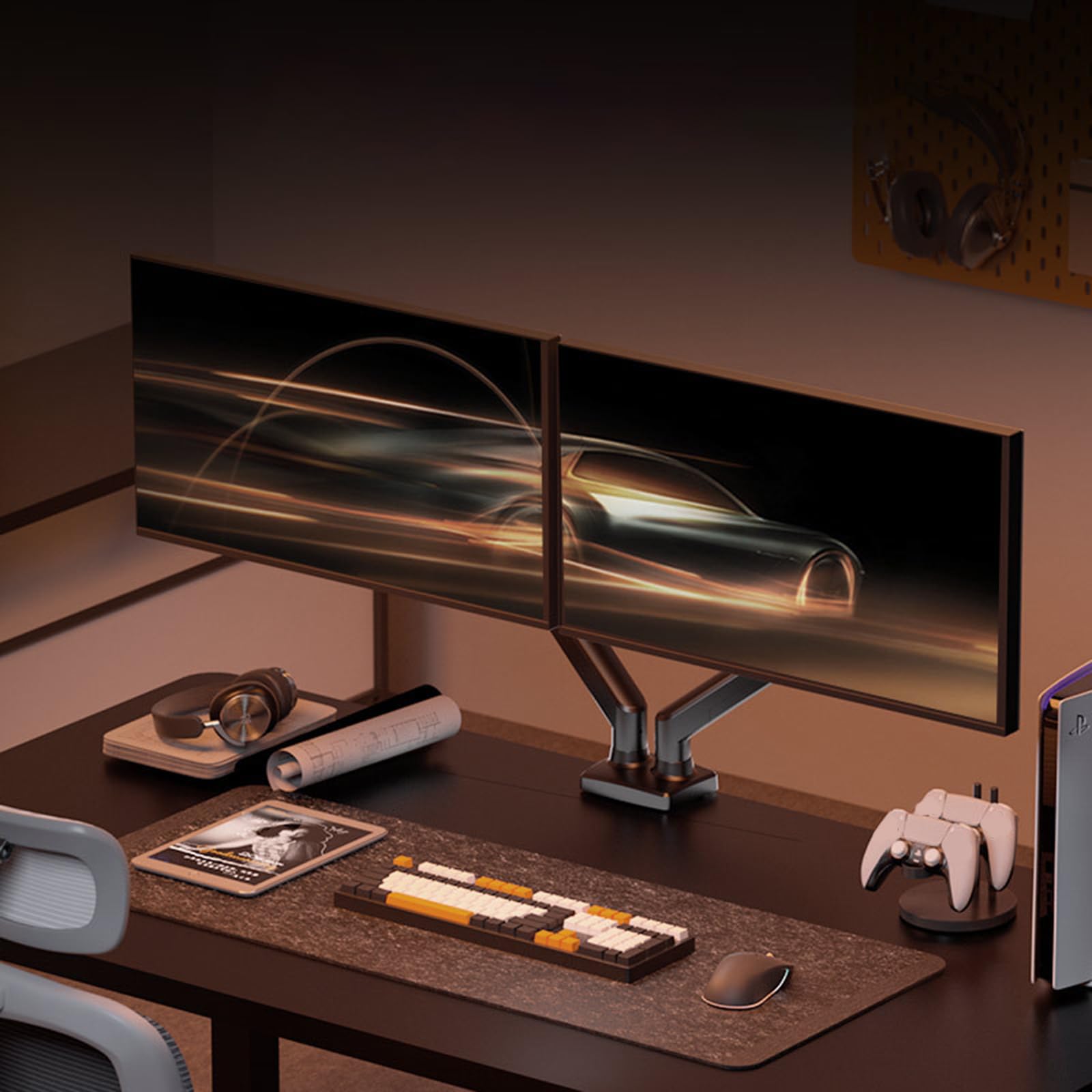 Soporte doble para monitor que ahorra espacio para pantallas de 17 a 32 pulgadas, base de acero y brazo articulado suave para monitor de escritorio