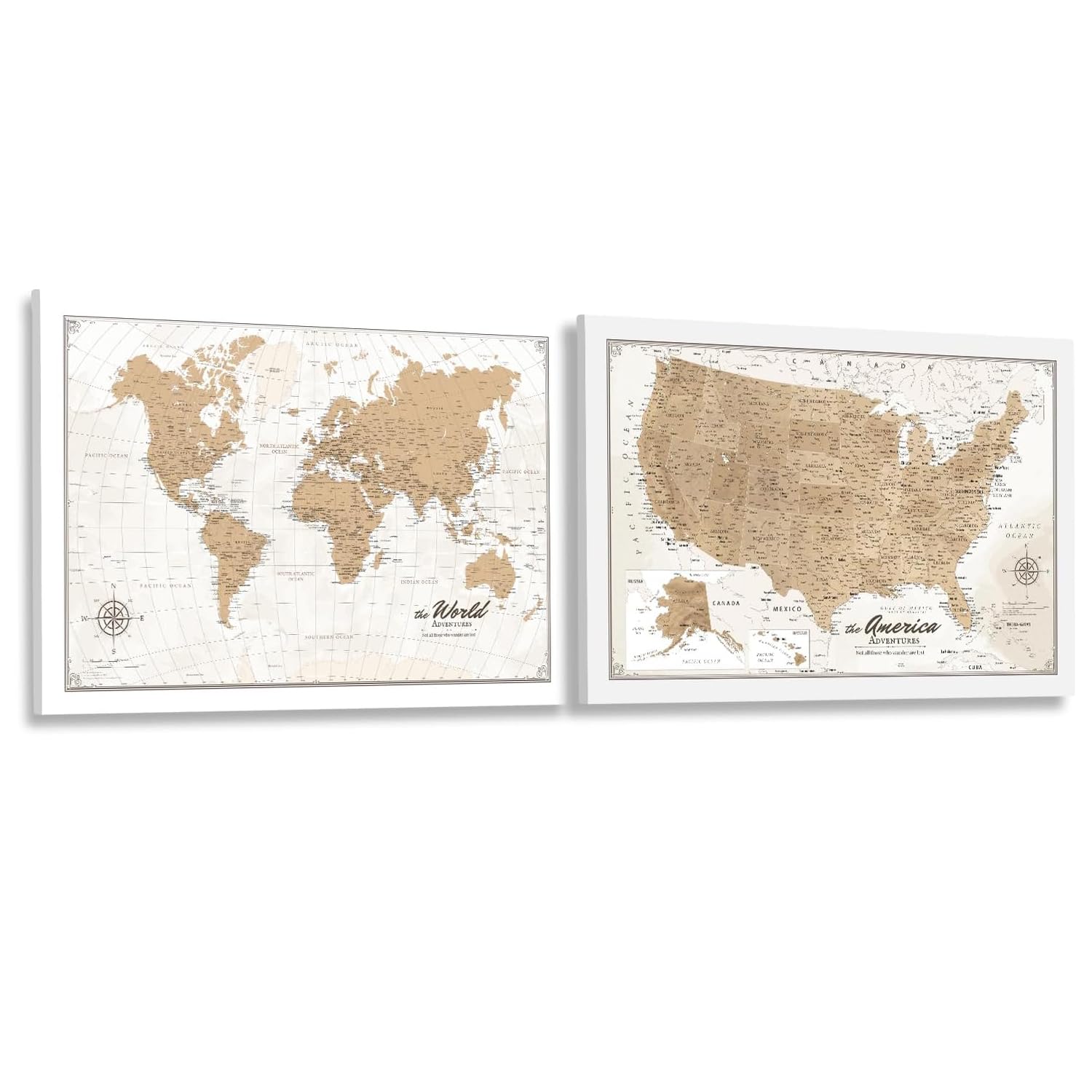 IPIC Vintage World Map Pin Board and USA Map, Set of 2, Size 24x16 in