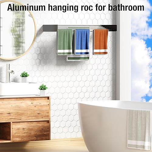 Miniatura 5 de kenvc Estante de secado de ropa plegable, montado en la pared, estante de secado de ropa, 31.5 pulgadas de ancho, 13.1 pies lineales, 5 varillas de