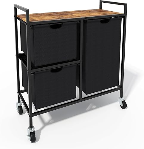 Cesta de lavandería con ruedas, cesta de lavandería con estante, marco de metal, bolsa extraíble y extraíble, clasificador de lavandería de 3