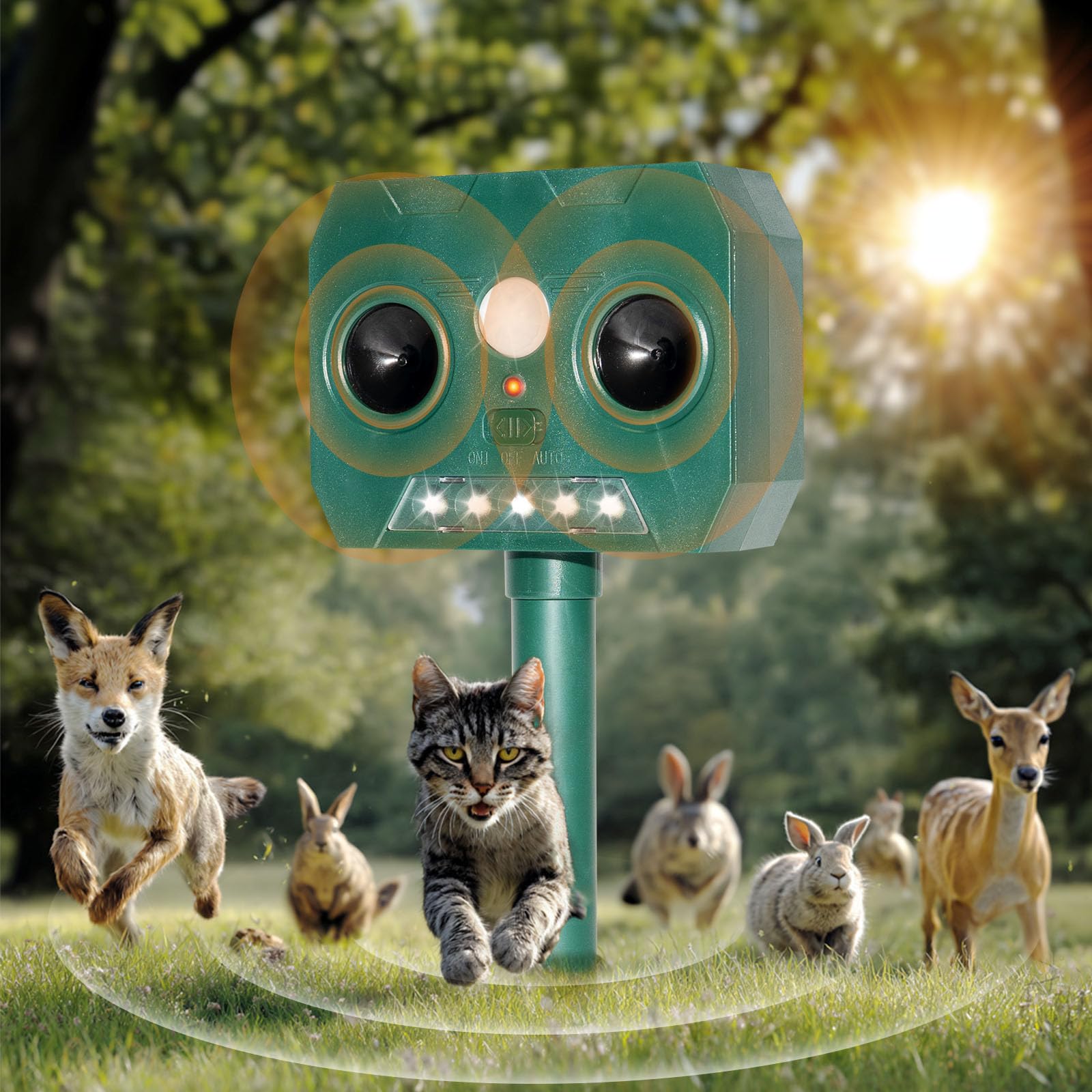 RAYGARD 2 Pezzi Dissuasore Gatti, Repellente per Volpi Ultrasonico Solare con Luce LED, 12m 120° Dissuasori per Piccioni Giardino IP45 Impermeabile per Gatti Volpi Cani Cervo Procioni