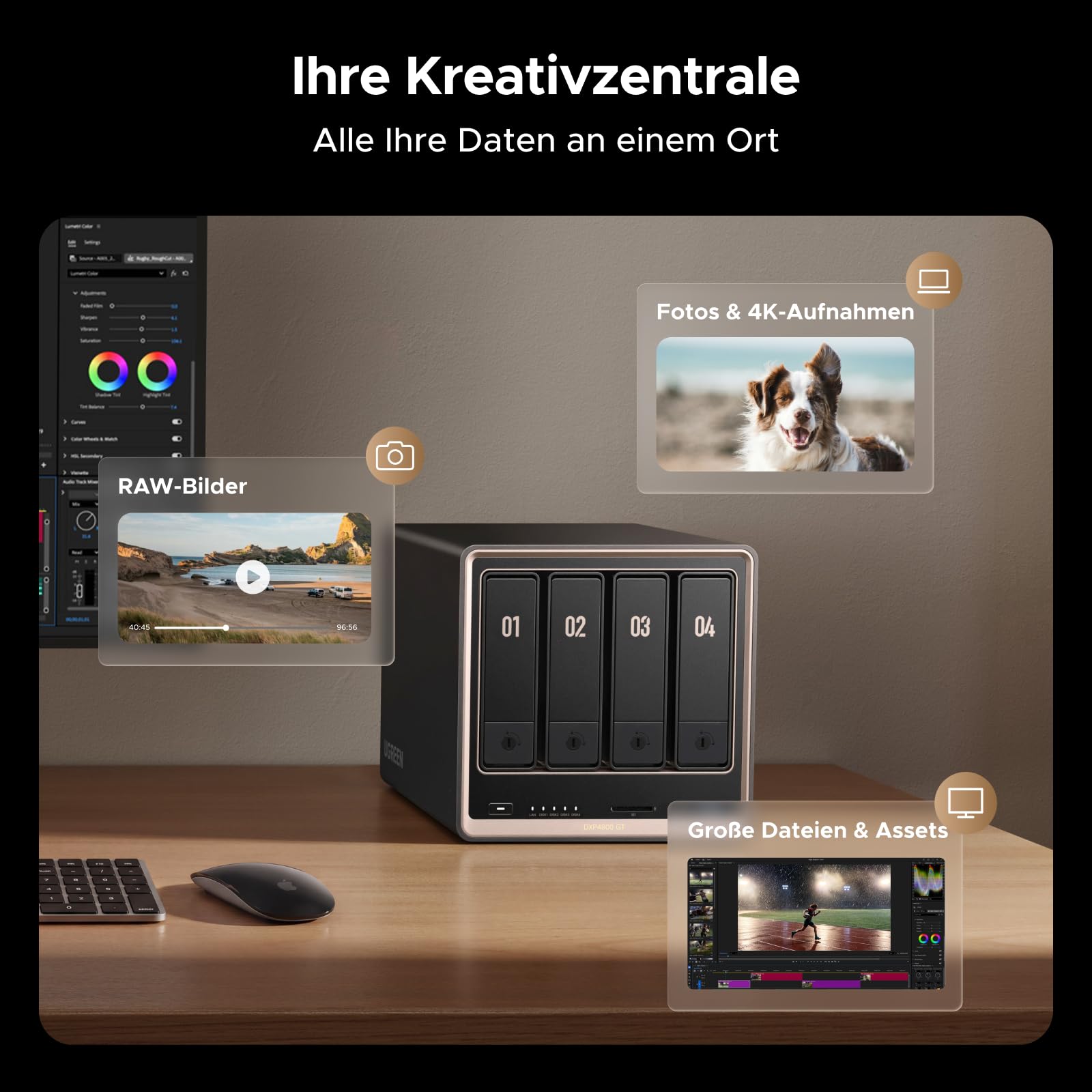 UGREEN NASync DXP4800GT 4-Bay Desktop NAS, AMD Ryzen R2514, Dual 10GbE, 8GB DDR4 RAM (bis 64GB), ECC-Support, U.2 & M.2 Slots, integrierte 128GB SSD, für Creator, Teams & Zuhause, Diskless