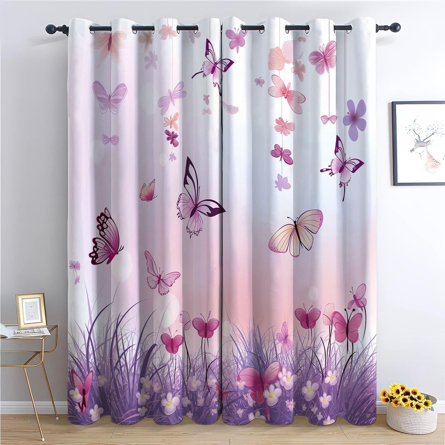 Lot de 2 Rideau Papillon Violet Rideaux Occultants 140x175 cm Fille Imprimé 3D Draperies Ntérieurs Rideaux de Fenetre Isolant Thermique Décoration Rideaux pour Chambre Salon a.1336