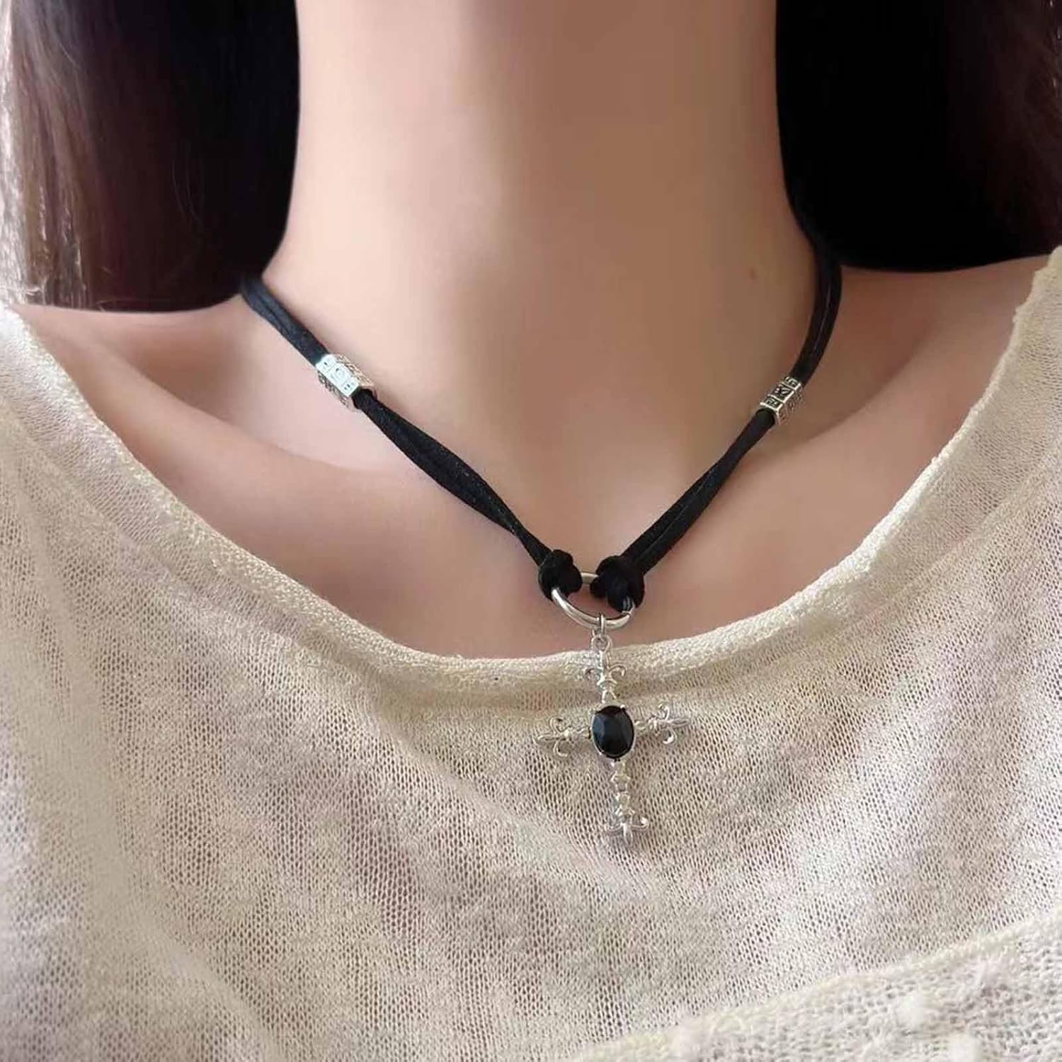 Gothic Black Cross Necklace Diamond Crystal Cross Pendant Necklace Cuban Link Chain Cross Necklace Engraved Flower Crucifix Religous Necklace Faith Jewelry for Women - Image 2