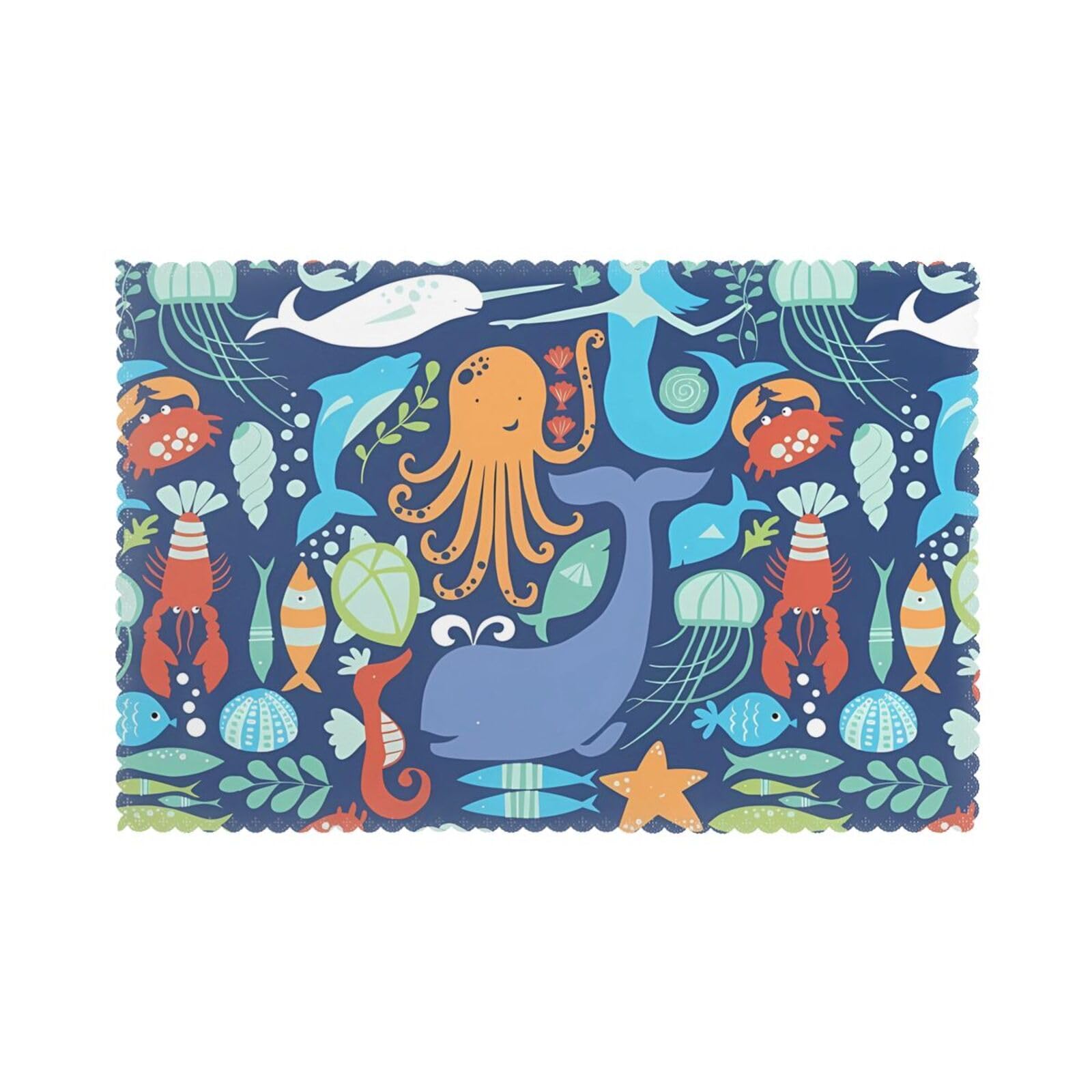 WHJSHOP Ocean whale fish octopus Prints Placemats Set of 6 12x18in - Heat Resistant Table Layers for Homes, Hotels & Stylish Dining