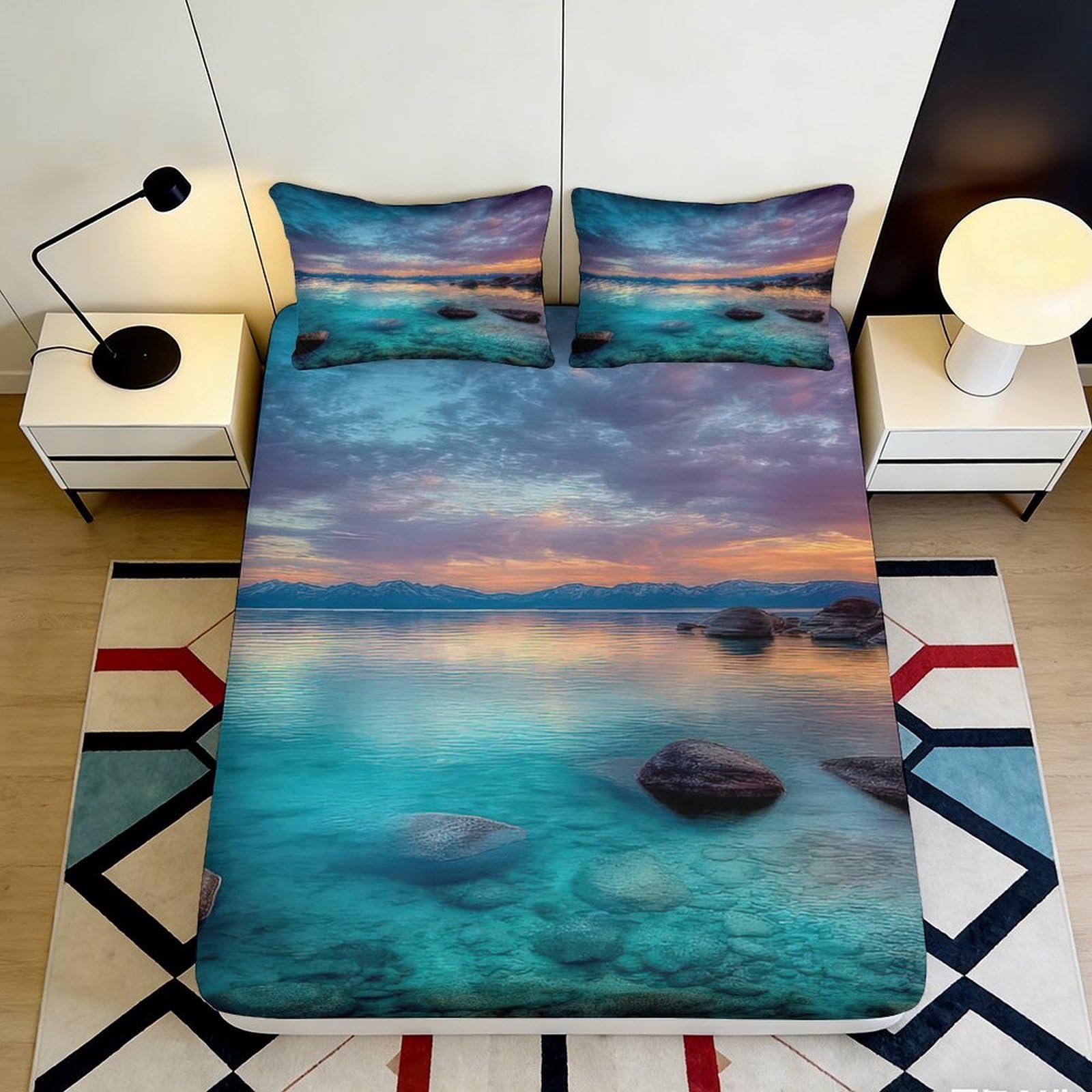 3D Printed Sunset Lake Fitted Sheet Microfiber Anti-Slip Bed Cover for Bedroom Dorm Mattress Protection Decor 140x200x25cm