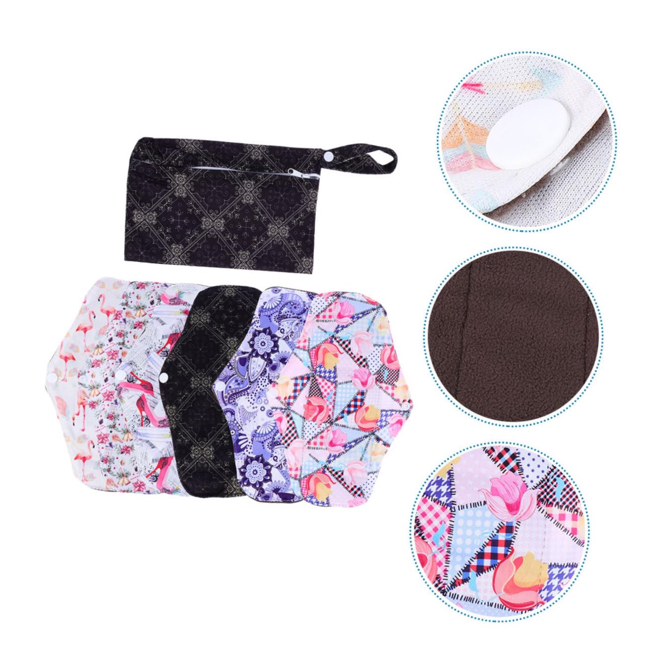 Toallas Menstruales Lavables 7 Piezas de Fibra de Carbón de Bambú | Alas y Broches de Fijación, Tacto Cómodo, para Flujo Abundante, Impermeables, Talla M Estilo Aleatorio