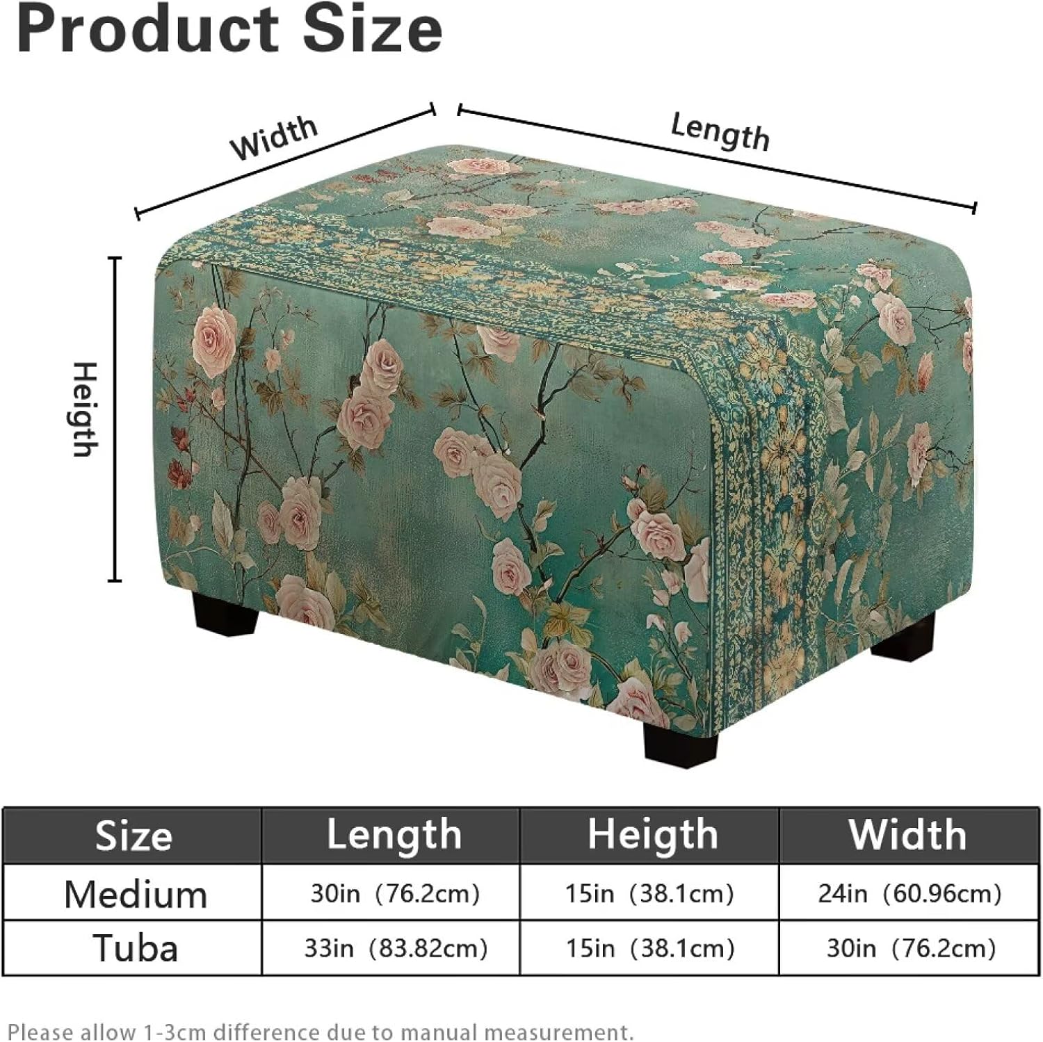 Retro Florla Pattern Ottoman Cover for Foot Stool with Nonslip Elastic Bottom 30” x24”x15” Ottoman Slipcover for Footstool Sofa Livng Room Decor