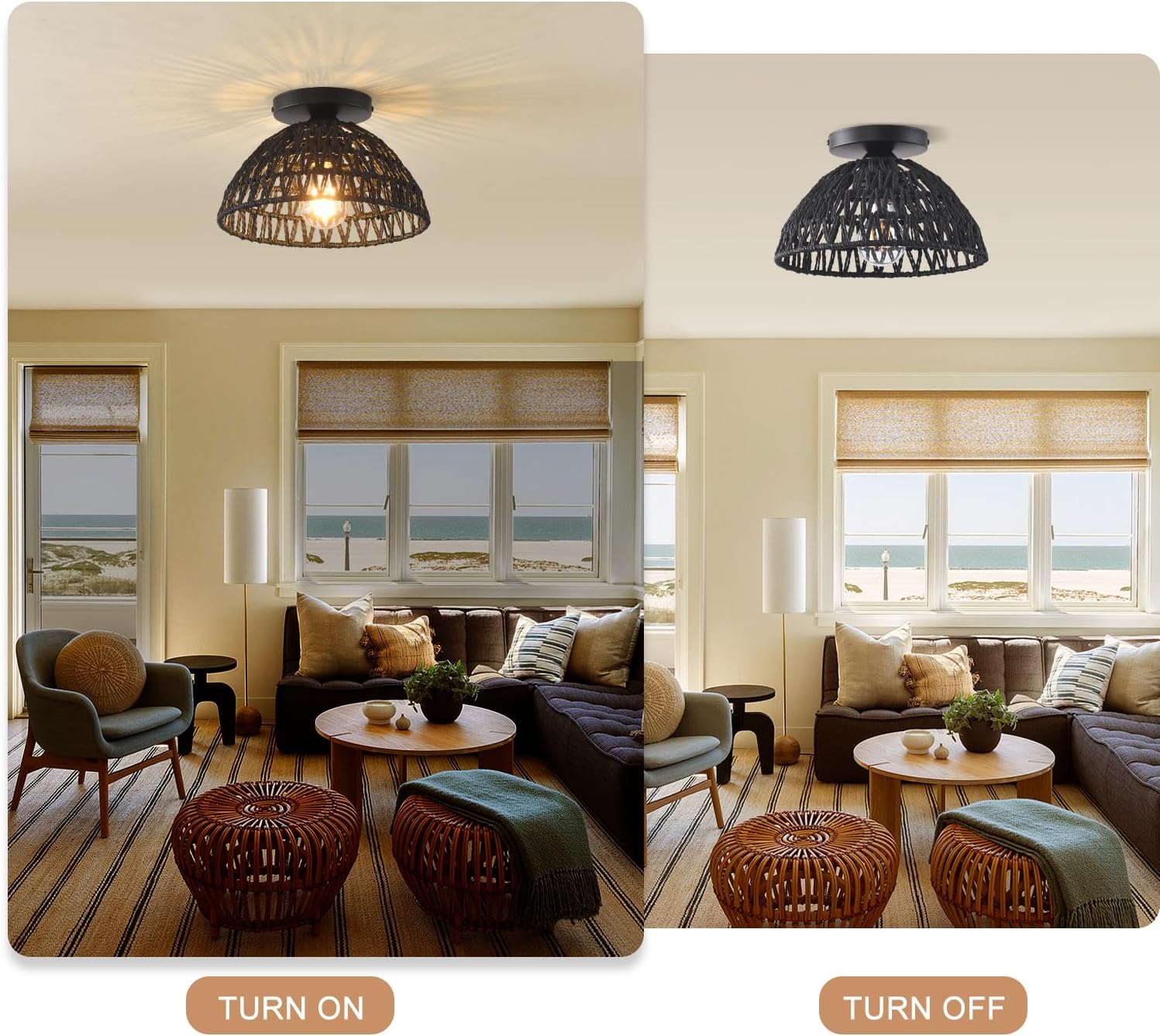 2 Pack 10.2" H Farmhouse Fixtures Ceiling Mount,Black Rattan Boho Semi Flush Mount Ceiling Light,Hand Woven Hallway Light Fixtures for Bedroom Entryway