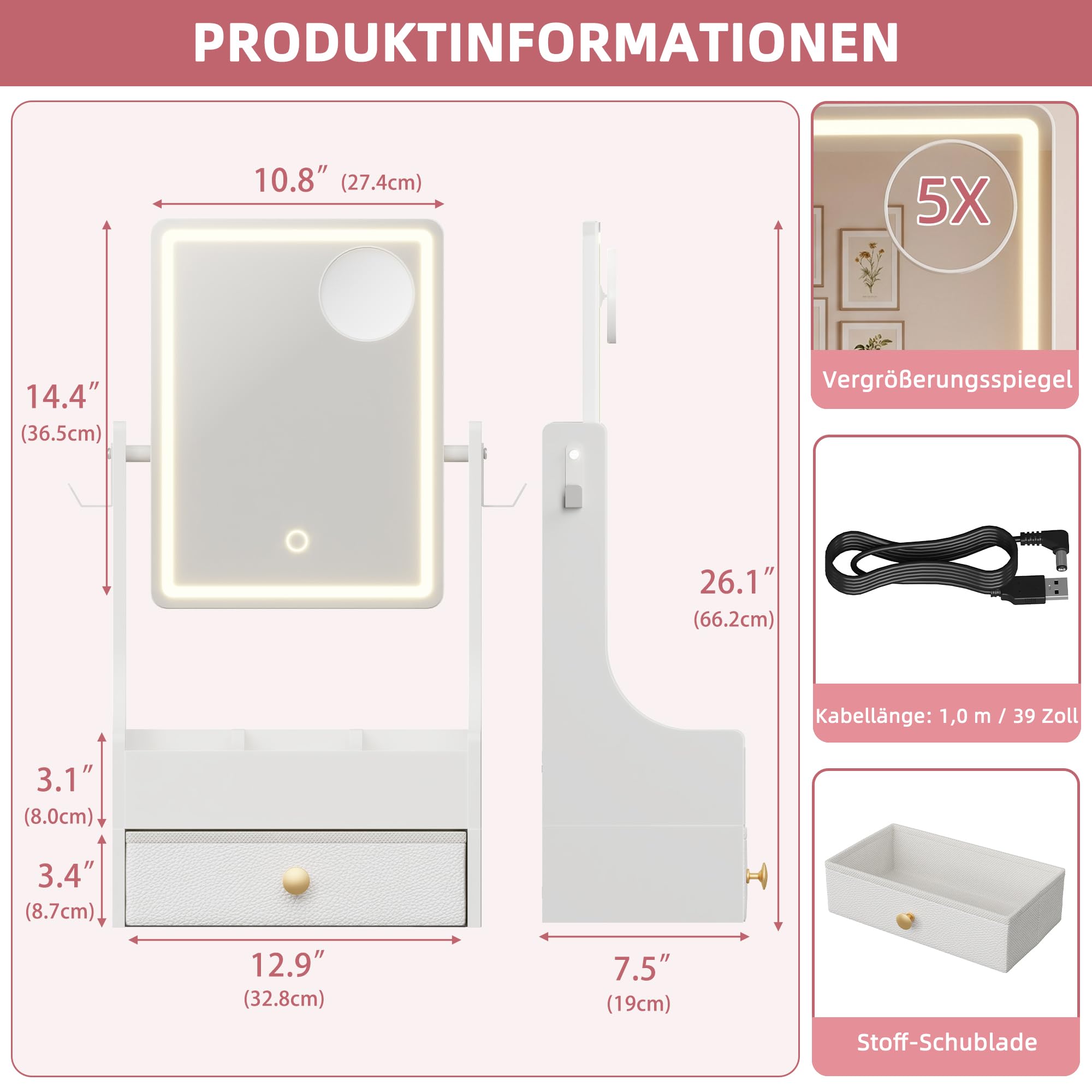 Schminkspiegel mit Beleuchtung, Make-up Organizer, 32 x 66 cm | 360° drehbarer Kosmetikspiegel, 5-fach Vergrößerungsspiegel mit Licht, höhenverstellbar, Tischspiegel & Schminktisch Spiegel