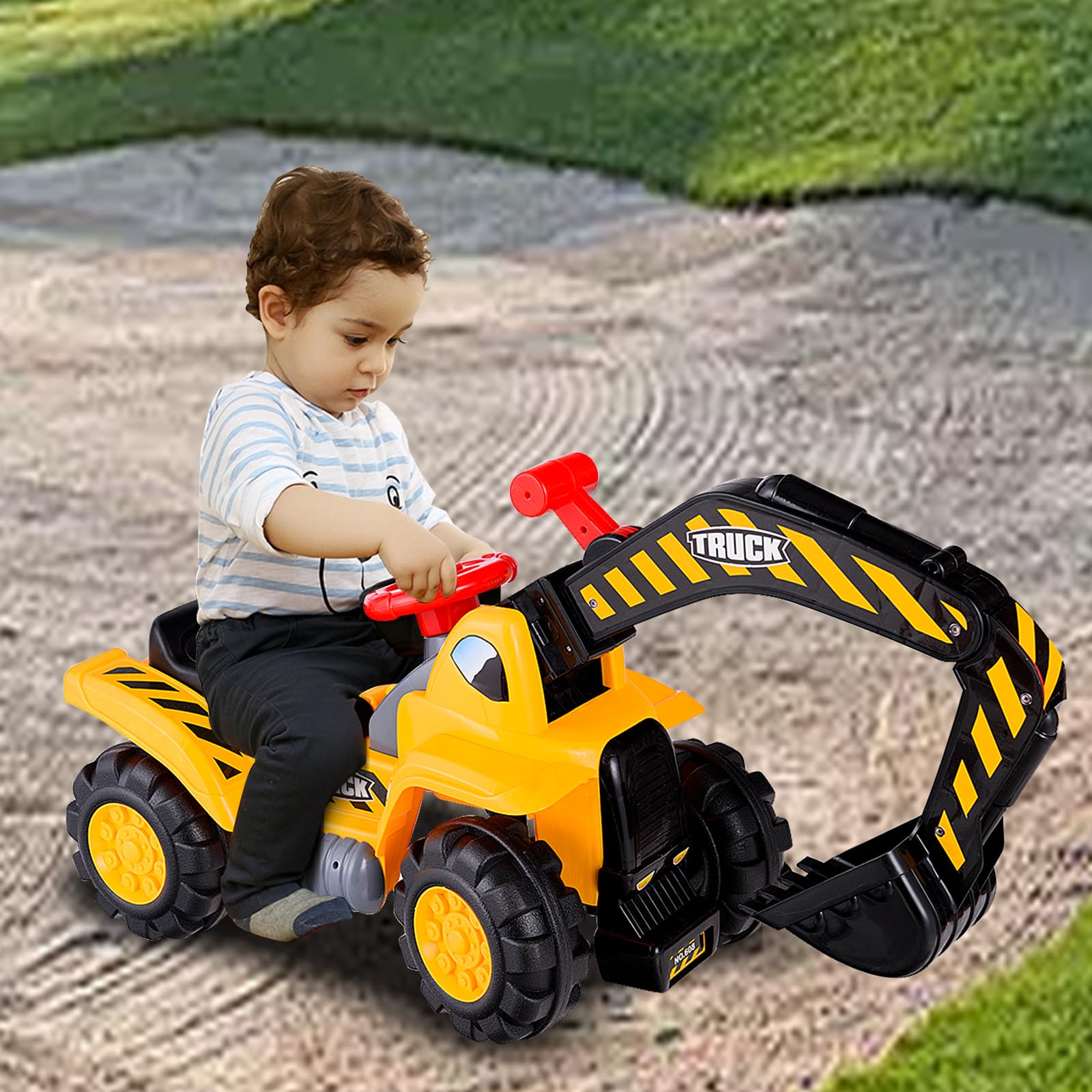 SOARS Sitzbagger, Aufsitzbagger mit Stauraum unter dem Sitz, Kinderbagger mit Horn & Soundeffekten, Sandkasten Bagger mit Verstellbarer Schaufel, inkl. Helm & 3 Spielzeug Stein