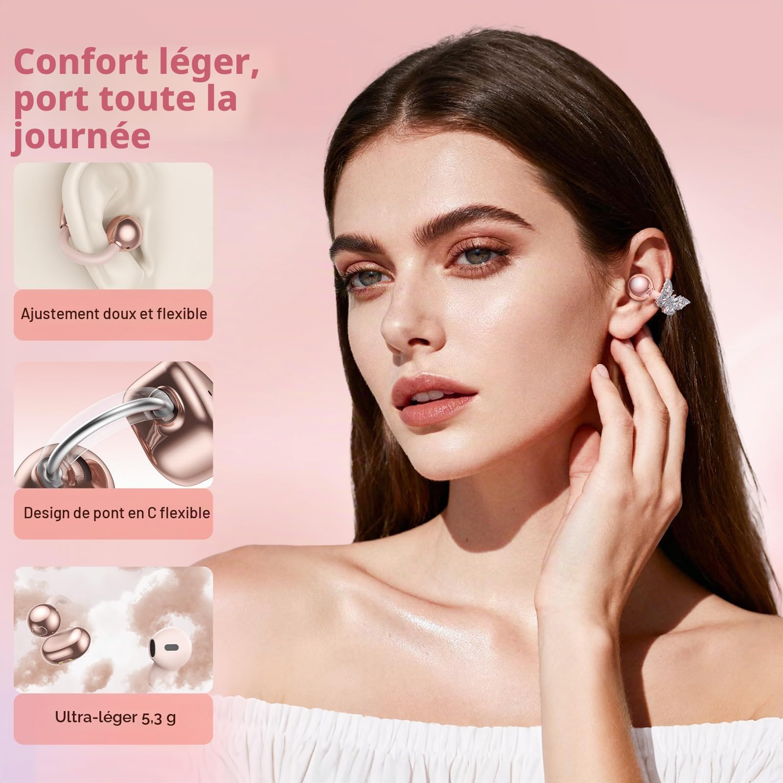 PAXA 3 en 1 Écouteurs Bluetooth sans Fil – Écouteurs avec Clip Bijou Amovible, Open-Ear Sport Écouteurs Wireless Earbuds 140H d'Autonomie, Bluetooth 6.0, IPX5 pour Runing Cyclisme, Ctbuds Rose Gold