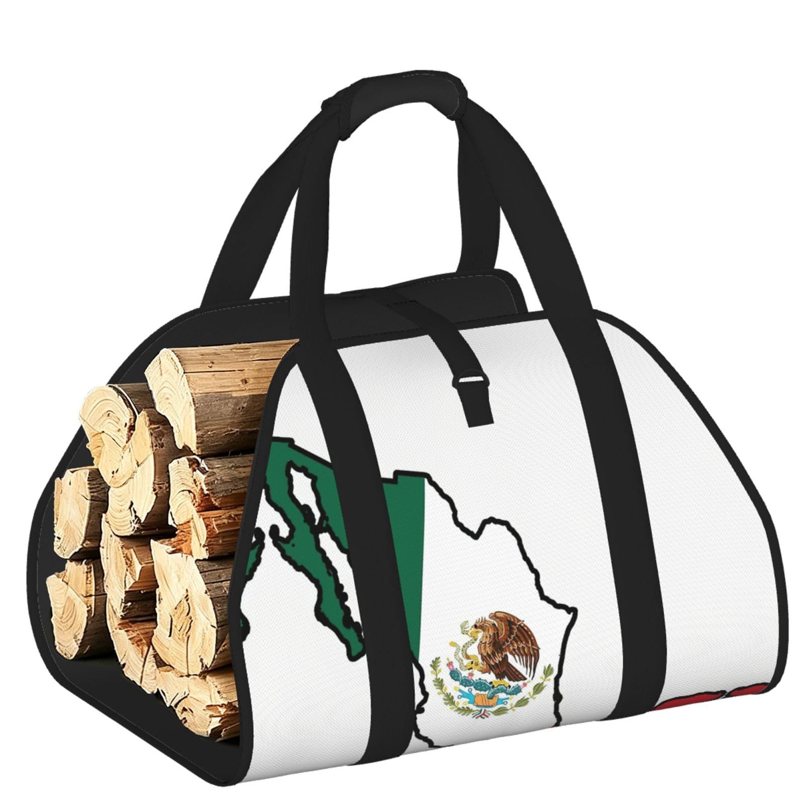 Mexico Flag Map Printed Firewood Log Carrier, Large Tote Bag with Reinforced Handles for Camping Fireplace Home