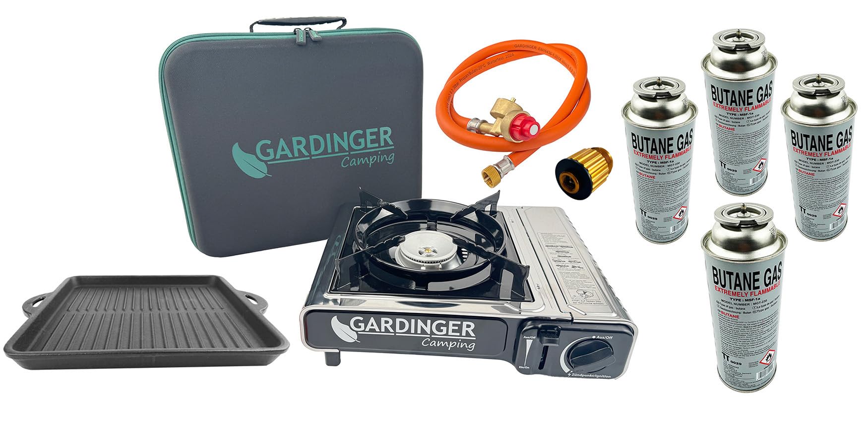 GARDINGER Campingkocher Safety Camp Allgas Piezo Zündsicherung Set mit Grillplatte vier Kartuschen