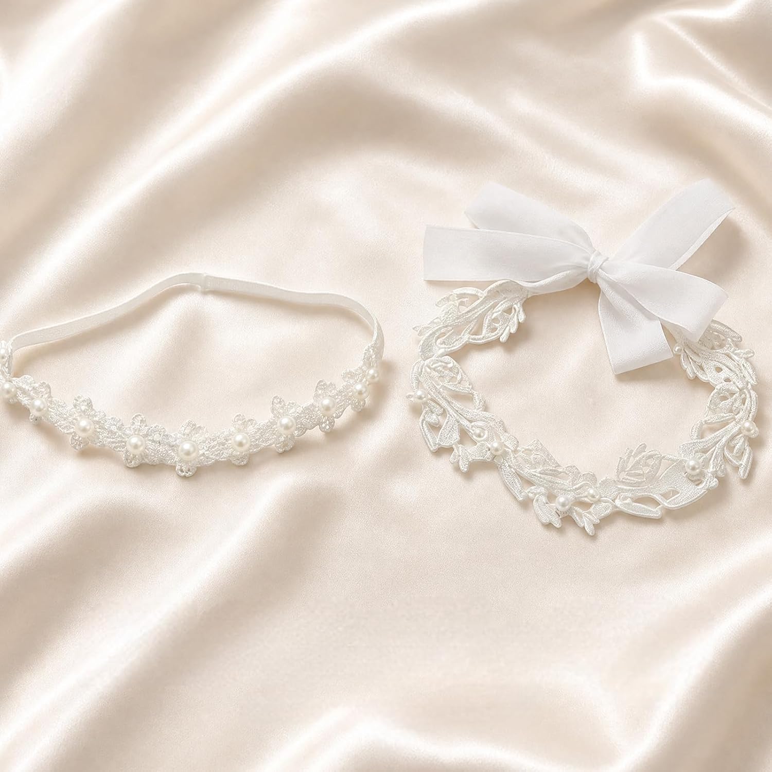 2-Pack Flower Girl Headband Baptism Headband for Baby Girl, White Pearl Flower Girl Headpiece, Elastic Soft Lace Baby Flower Headbands for Newborn Infant Toddler