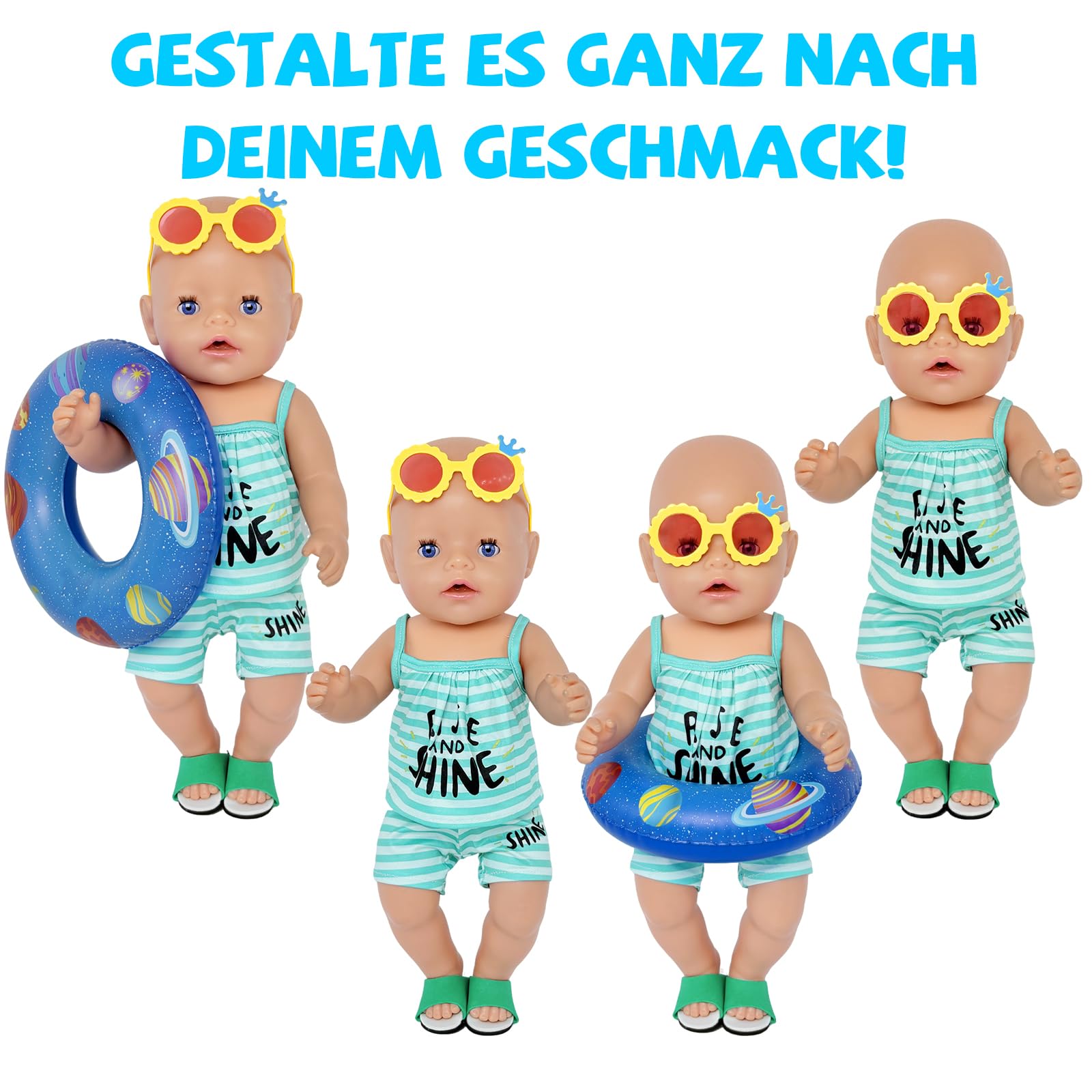 6-Teiliges Puppenkleidung 35–43 cm Sommer Set, Blau Weiß Gestreiftes Puppen Outfit mit Blauen Sandalen, Gelber Sonnenbrille, Blauem Schwimmring und Kleiderbügel