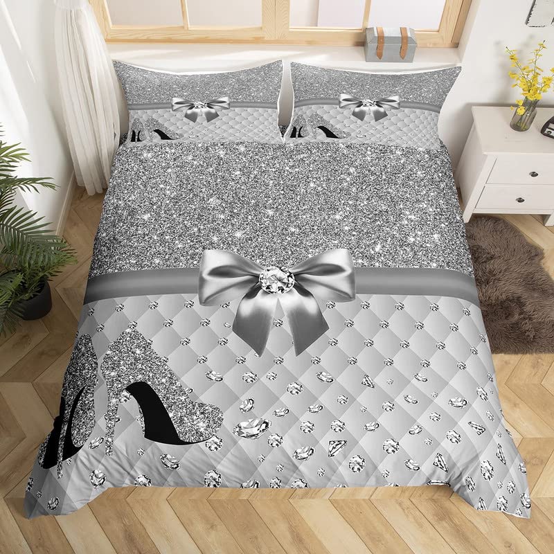 Housse de couette talons hauts paillettes grand lit gris avec taies d'oreiller pour ado