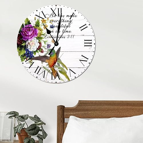 Miniatura 10 de ArogGeld He Made Everything Beautiful - Reloj de pared redondo de colibrí de flores rojas con números romanos, cita que dice 12 pulgadas,