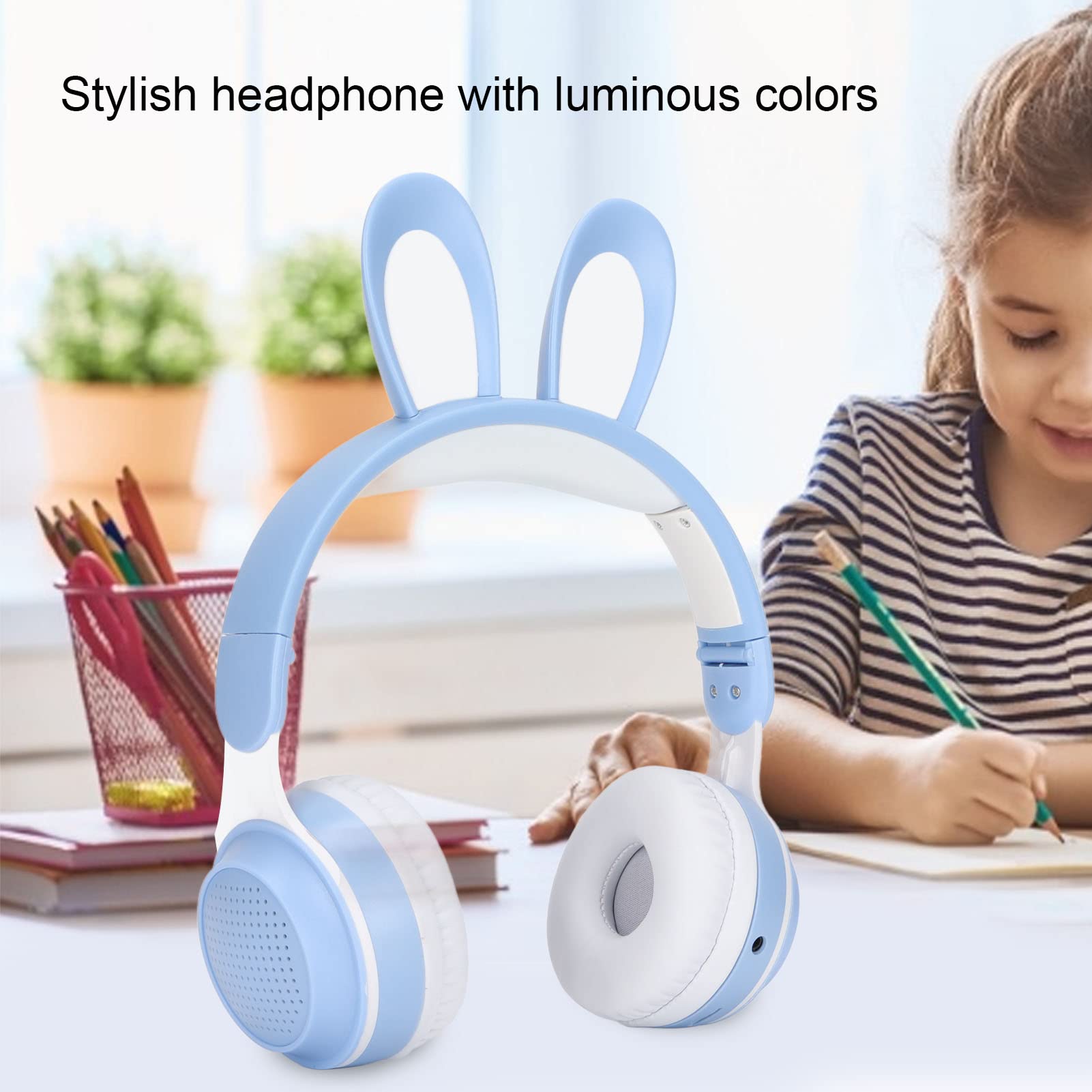 ASHATA Auriculares Bluetooth 5.0 Plegables con Micrófono Cute Rabbit Ear Auriculares Inalámbricos sobre la Oreja para Niños Verdes Adolescentes Adultos, 12 Horas de Tiempo de Escucha, TF/Aux, 7(Azul)
