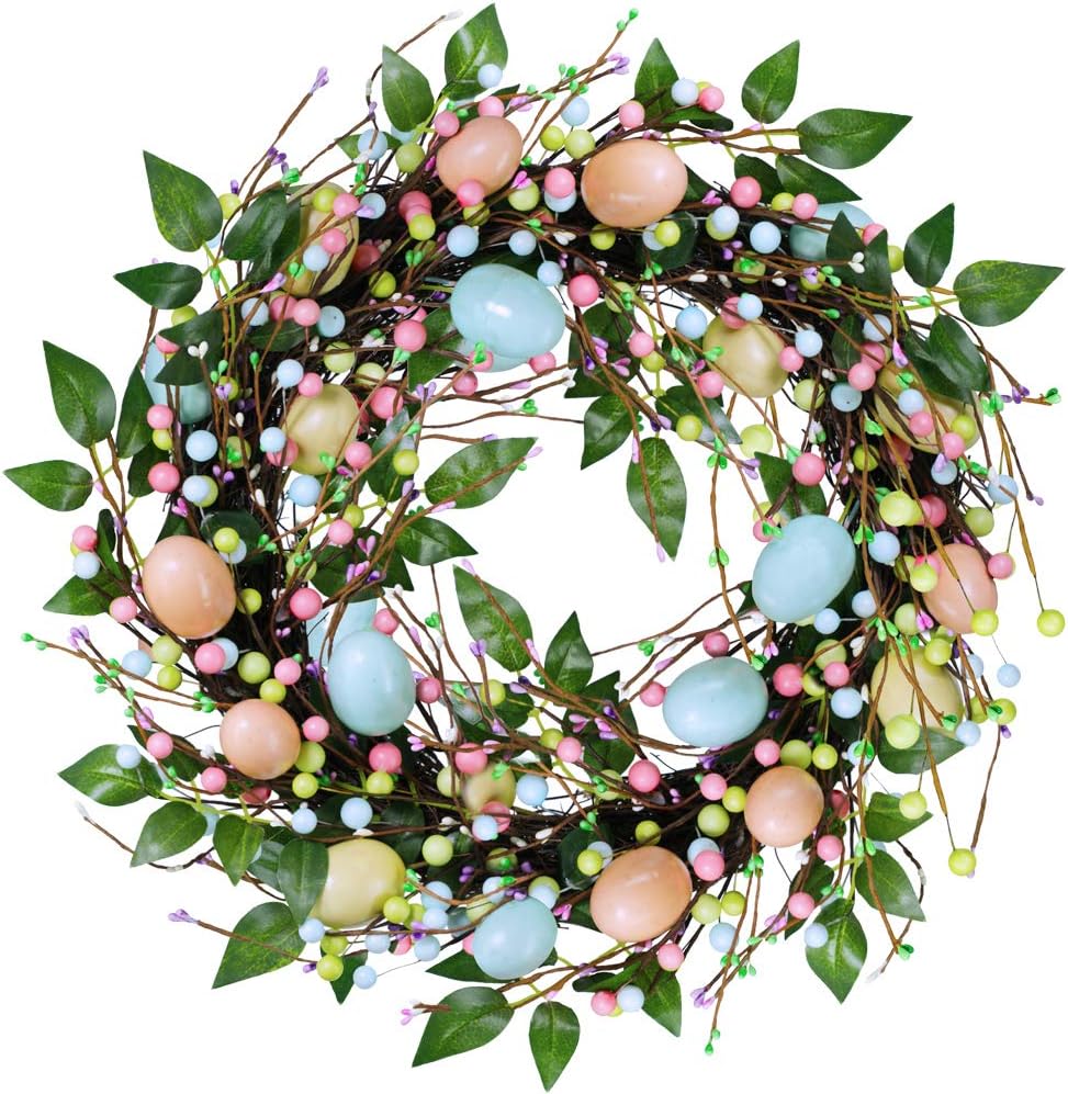 BESTTOYHOME 19" Wide Artificial Easter Egg and Mixed Berry Wreath Pastel Spring Door Wreath Decorative Twig Wreath for Farmhouse Front Door Wall Decoration