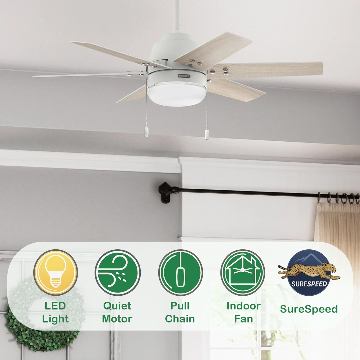 Hunter Fan 44 inch Neutral White Indoor Ceiling Fan with Light and Pull Chain for Kids Room, Baby Room, Kitchen, Basement (Renewed)