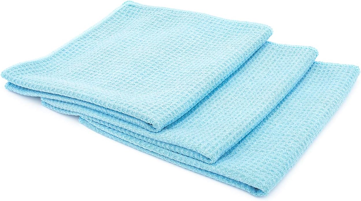 Standard Waffle Weave Towels, Microfiber Detailing, Window/Glass and Drying, Wax & Polish, Lint-Free, Streak-Free, 370gsm, 16in x 16in, Light Blue (3-Pack)