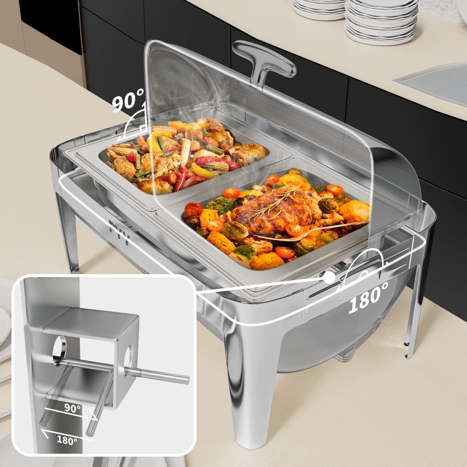 PYY Juego de platos de cocina con tapa enrollable y cubierta de acero inoxidable para catering, servidores y calentadores de bufé rodantes (2 tamaños medios)