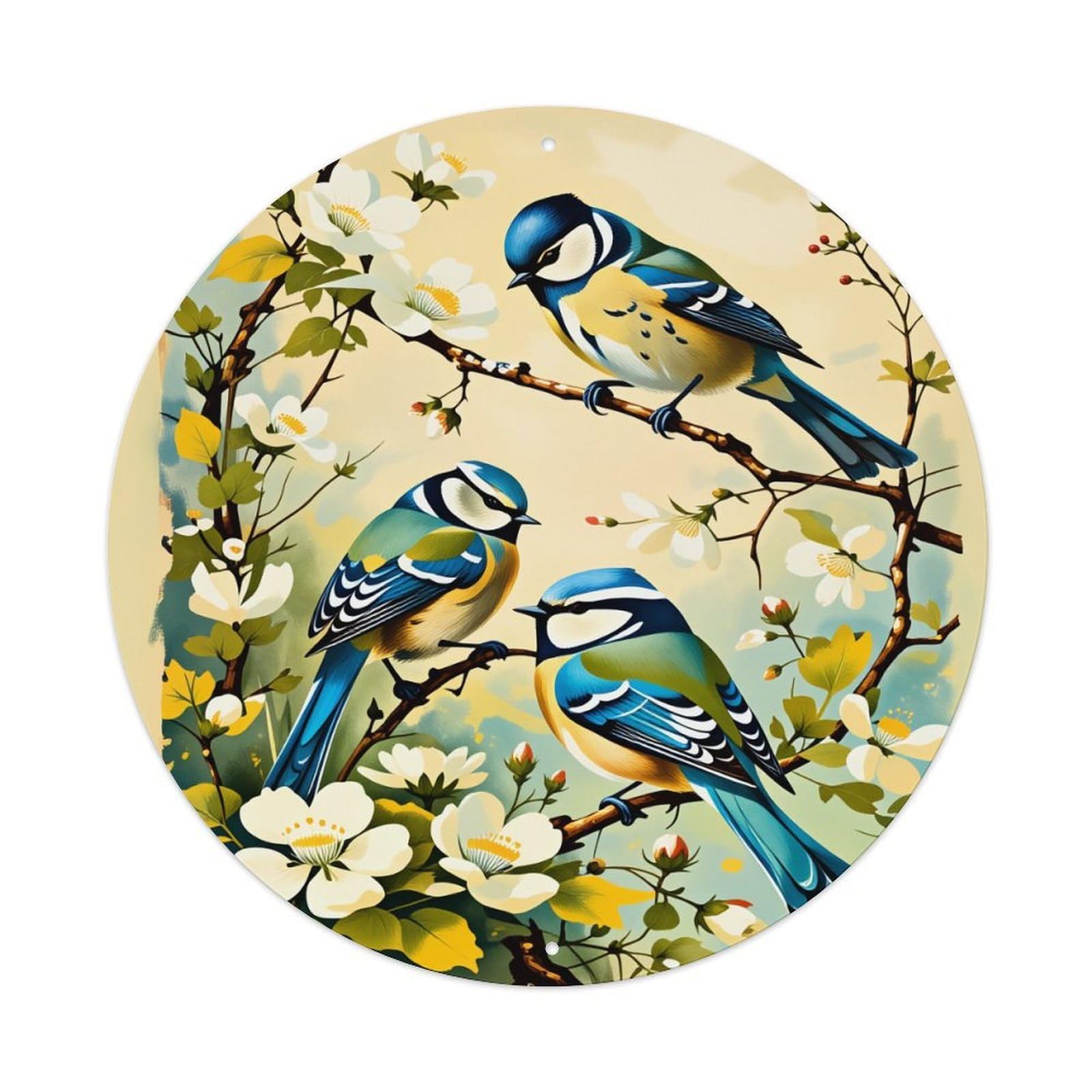 Birds Blossoms Branches Spring Colors Round Tin Sign Vintage Style Metal Sign Home Bar Garden Wall Plaque Decor Metal Poster 8x8 Inch