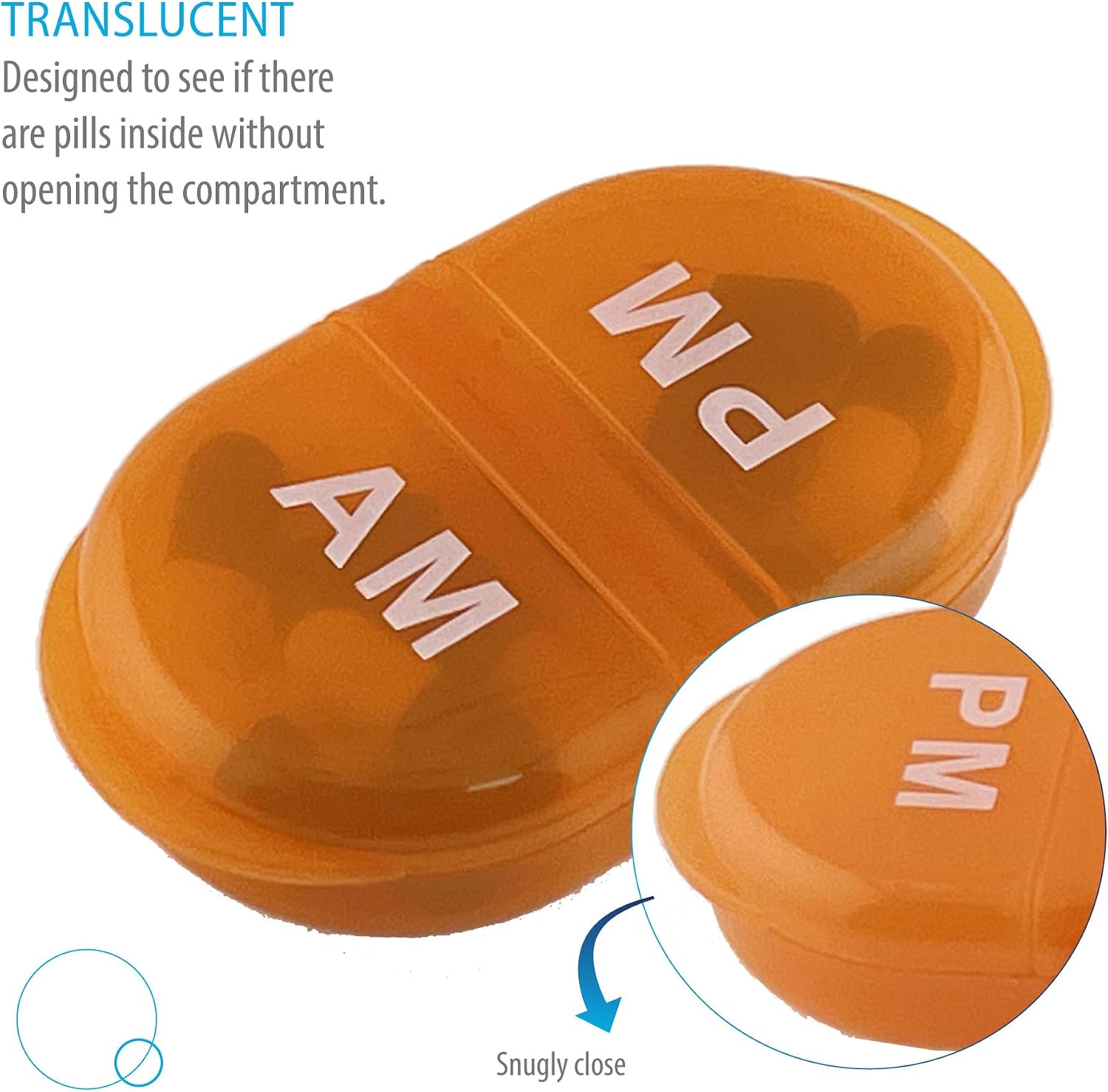 Deke Home - Pill Organizer AM PM, 2 Compartment Pill Box for Pocket or Purse, Small Daily Medicine Case, Travel Pill Holder, Easy Open Pill Container for Seniors, Vitamins & Supplements (Orang)