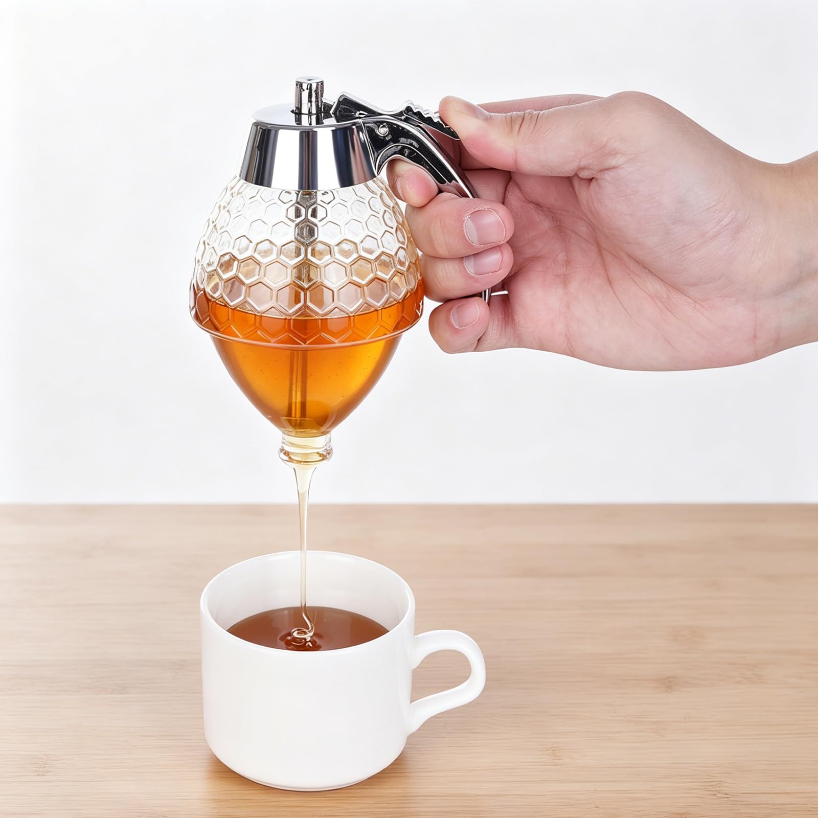 Dispenser per Miele in Acrilico con Base e Manico, Contenitore per Miele e Sciroppo Anti-Goccia, Dosatore per Cucina, Colazione e Pasticceria, Capacità 237 ml