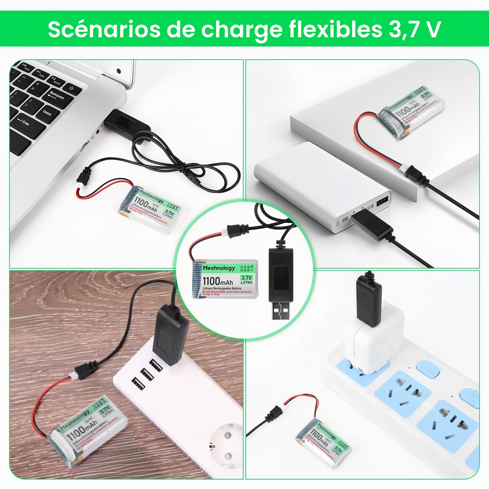 Lot de 4 batteries LiPo 3,7 V 1100 mAh avec câble de charge USB 102540 1S avec panneau de protection, ruban en caoutchouc isolé et prise micro JST 1,25 pour Arduino ESP32 Module Board Drone