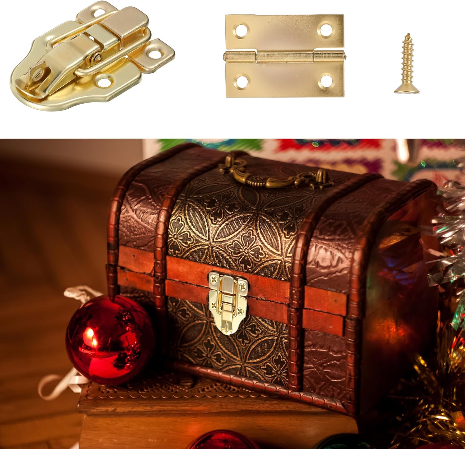2 Pack Retro Gold Style Duckbilled Hasp Clasp Latch, Antique Metal Box Latch Toggle Hasp Catch with Padlock Hole and 4 Pcs Hinges with Matching Screws Kit for Wooden Jewelry Box Cabinet Toolbox