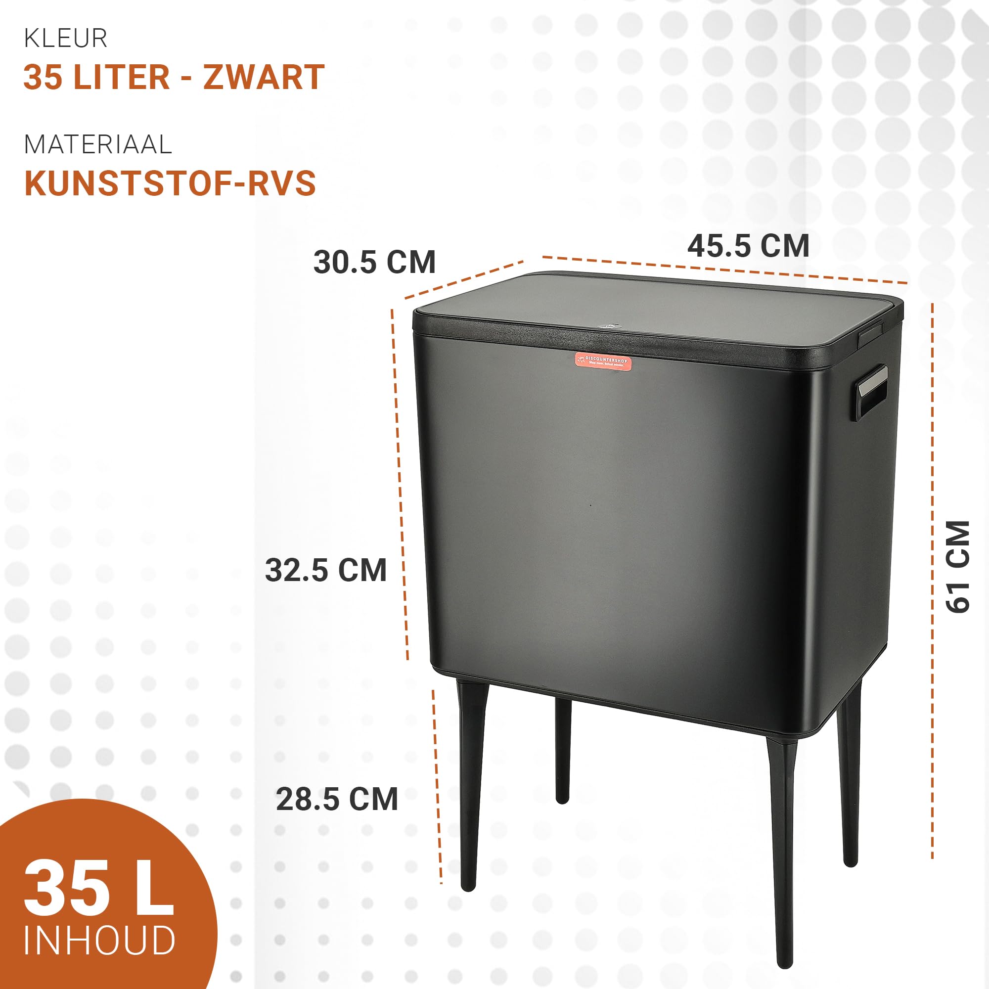 Mülleimer auf Beinen Schwarz 35L – Edelstahl Mülleimer Küche mit Pushdeckel – Mülleimer auf Beinen – Mülleimer für Hausmüll, Badezimmer, Büro und Hauswirtschaftsraum