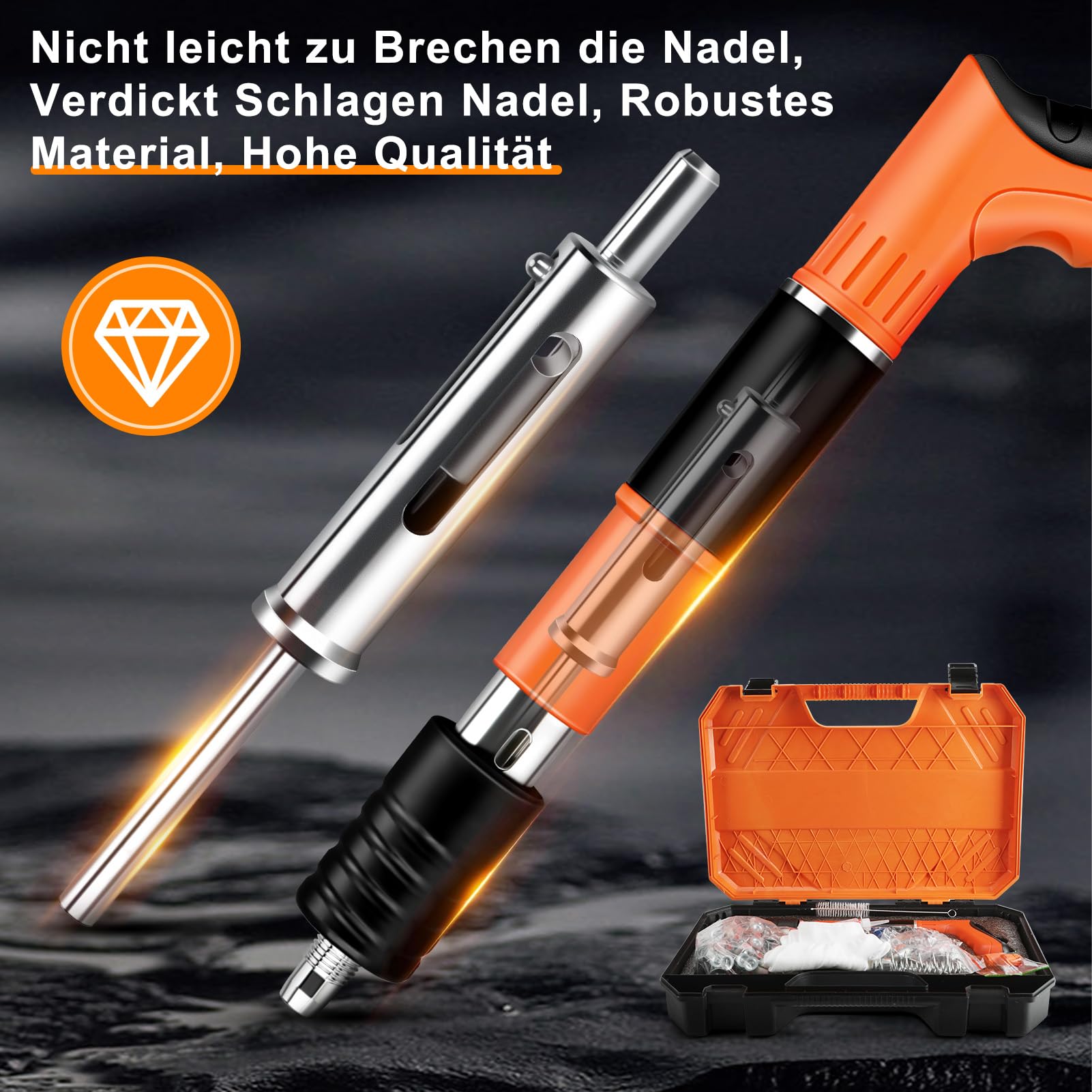 Pistolet à Clous Manuel avec 300 Clous Ronds, 5 Vitesses Pistolet Pneumatique pour Acier et Béton, Silencieux Réglable, Pistolet à Ongles Portable avec Gants à Lunettes Bouchons d'oreille (Orange)