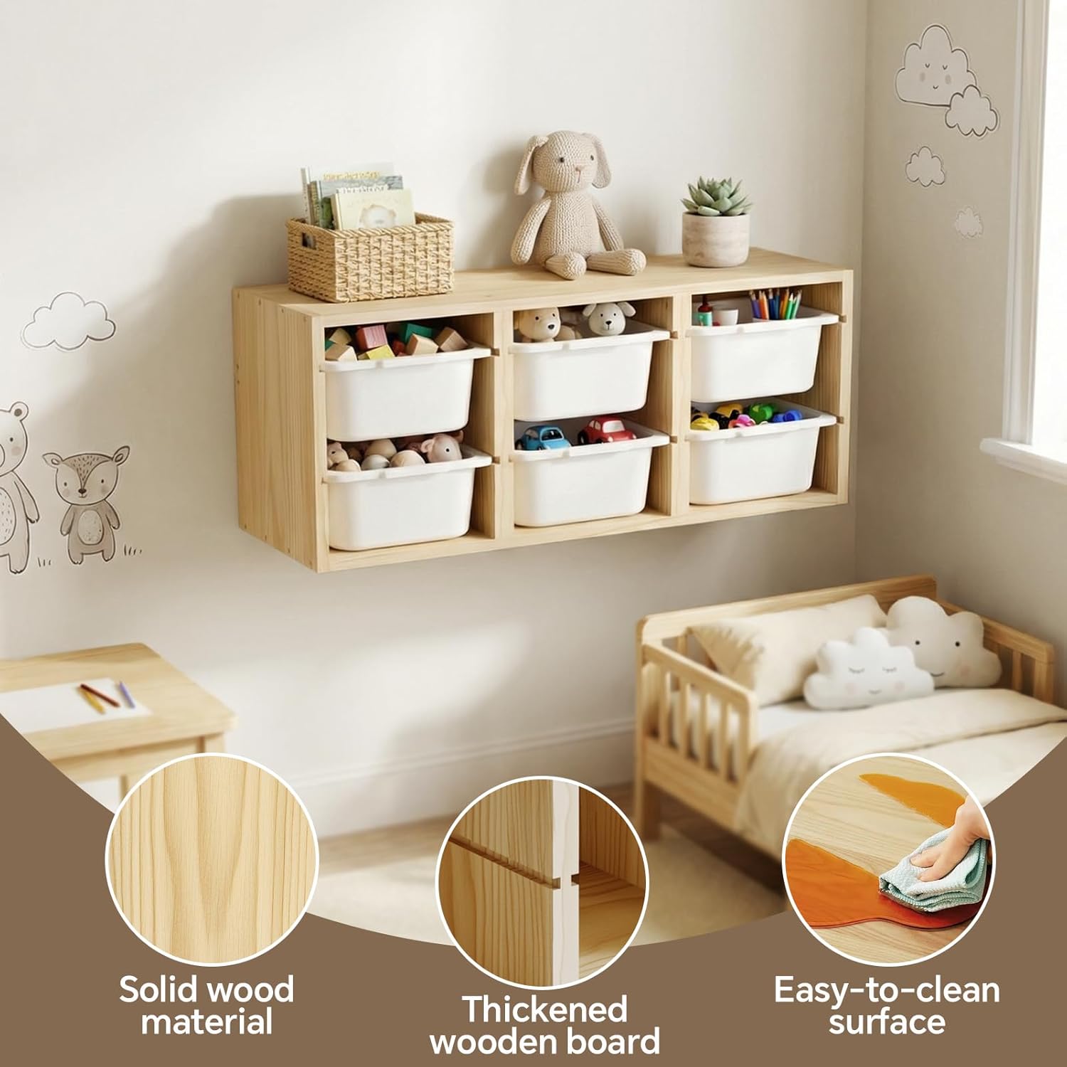 Solid Wood Montessori Wall Mounted Toy Organizer with 6 Bins, Toy Storage Shelf with Top Tabletop for Learning & Play, Kids Book Storage,Space-Saving Hanging Toy Box for Nursery & Playroom