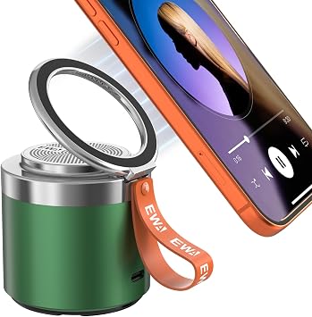 EWA Wireless Bluetooth Speaker with Secure Magnetic Phone Stand Green | HD Surround Sound, Anti-Slip Base, Adjustable 90 Viewing, Hands-Free Magnetic Holder for Desk, Kitchen, Workout, Great Gift