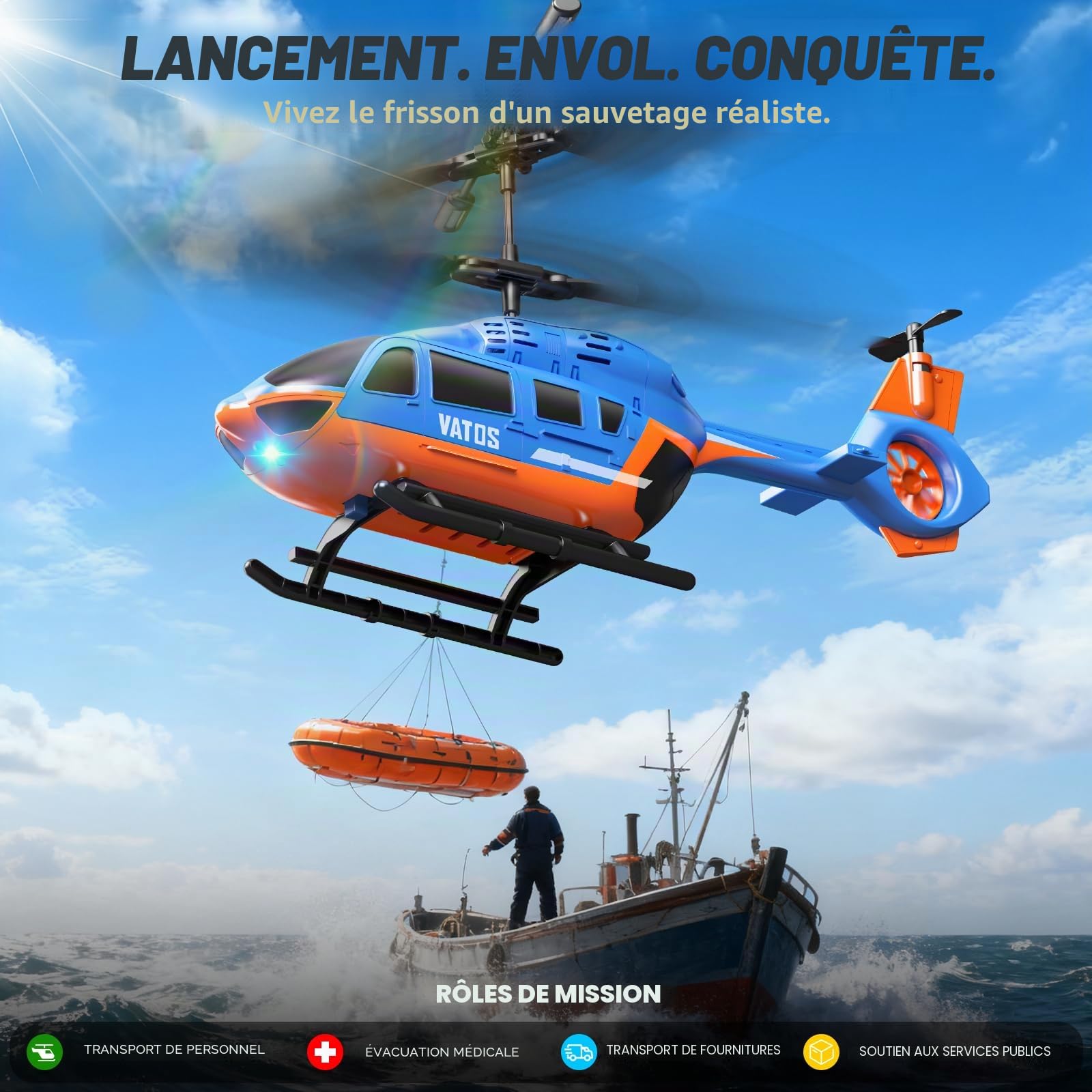 VATOS Hélicoptère RC 2.4G avec LED pour Enfants Débutants, Maintien d'Altitude, Démarrage à Une Touche, Cadeau Garçons 10+ Ans