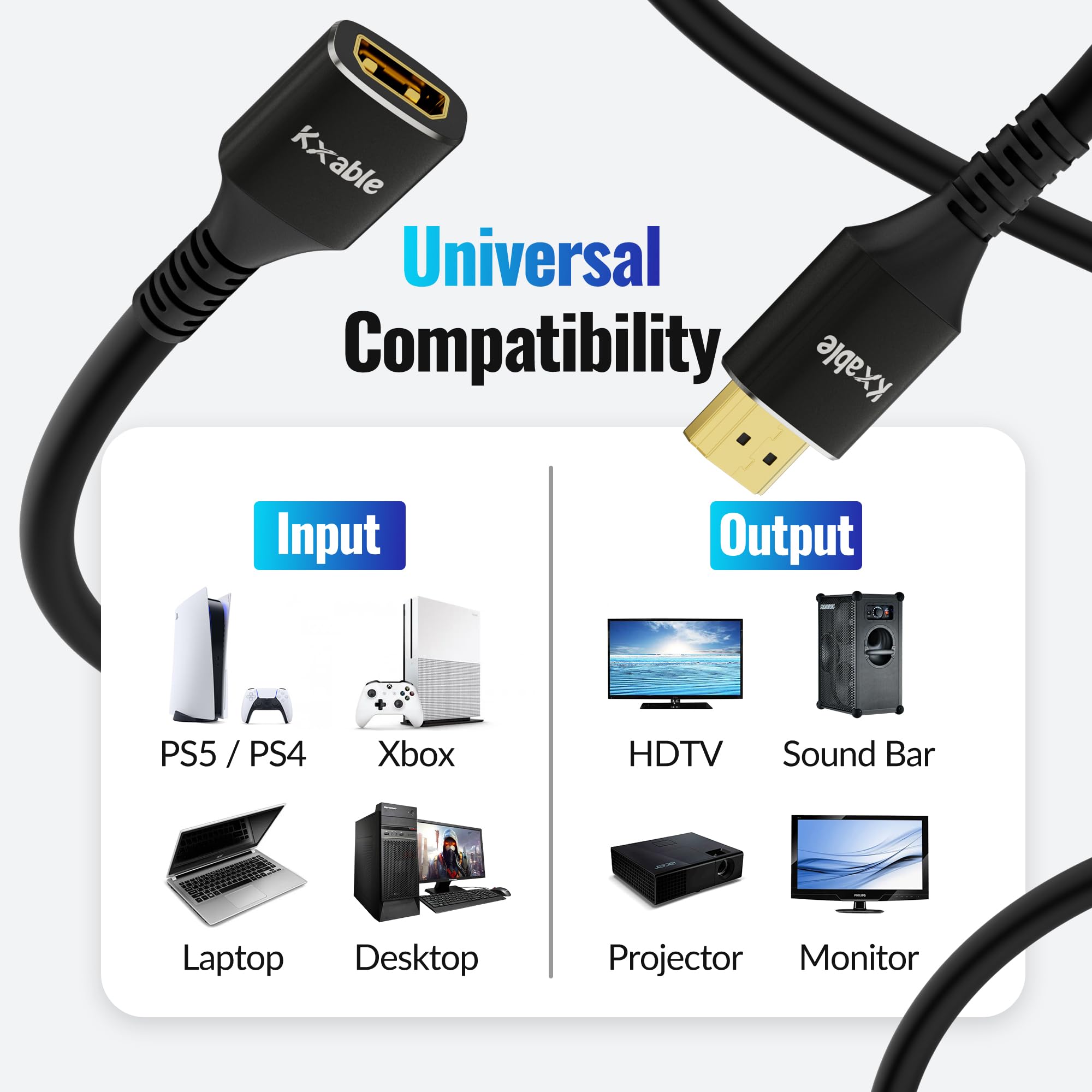 Cable de extensión HDMI 8K de 30 pies, HDMI 2.1 de ultra alta velocidad macho a hembra, conductor OFC de 24 AWG, compatible con Roku TV Stick PS5 PS4 Xbox Laptop PC Player Google Chromecast Wii U HDTV