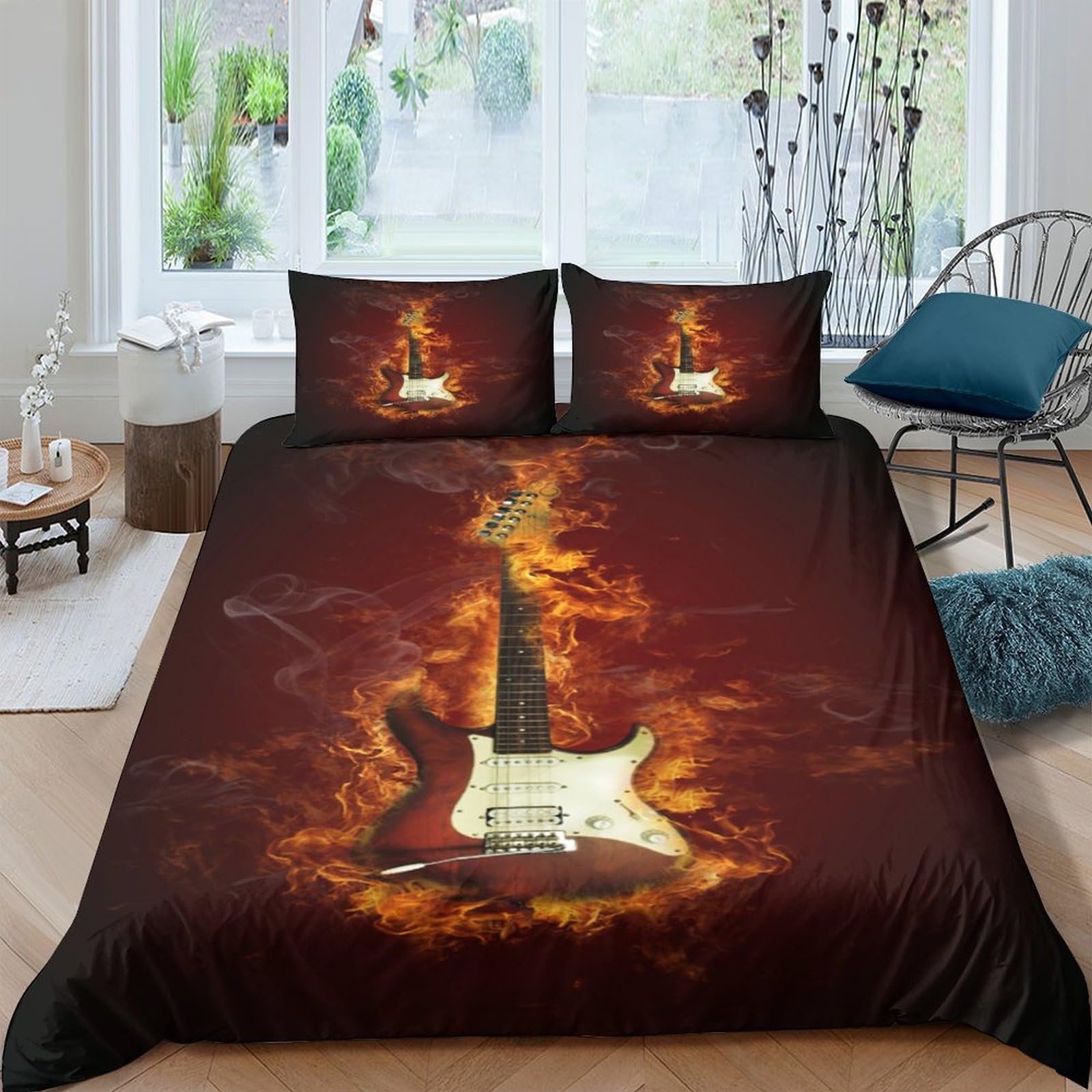 Ctjqhvkz Style-7 3D Printed Flaming Guitar Fitted Sheet Microfiber Soft Black Red Fire Bed Cover For Bedroom Dorm Mattress Protection Decor Single（135X200cm）