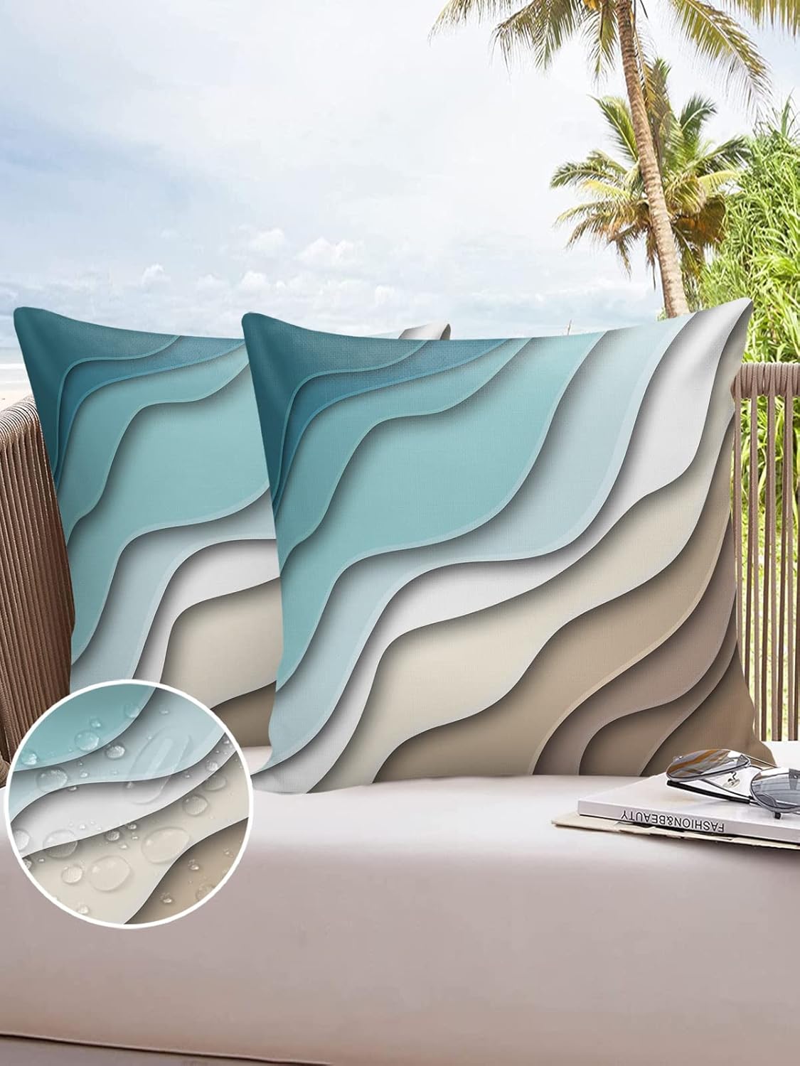 Outdoor Pillow Covers Ombre Stripes Turquoise Brown 24x24 Waterproof Throw Pillow Covers Abstract Pillow Covers Decorative Garden Cushion Case for Patio Couch Sofa Polyester Decoration Set of 2