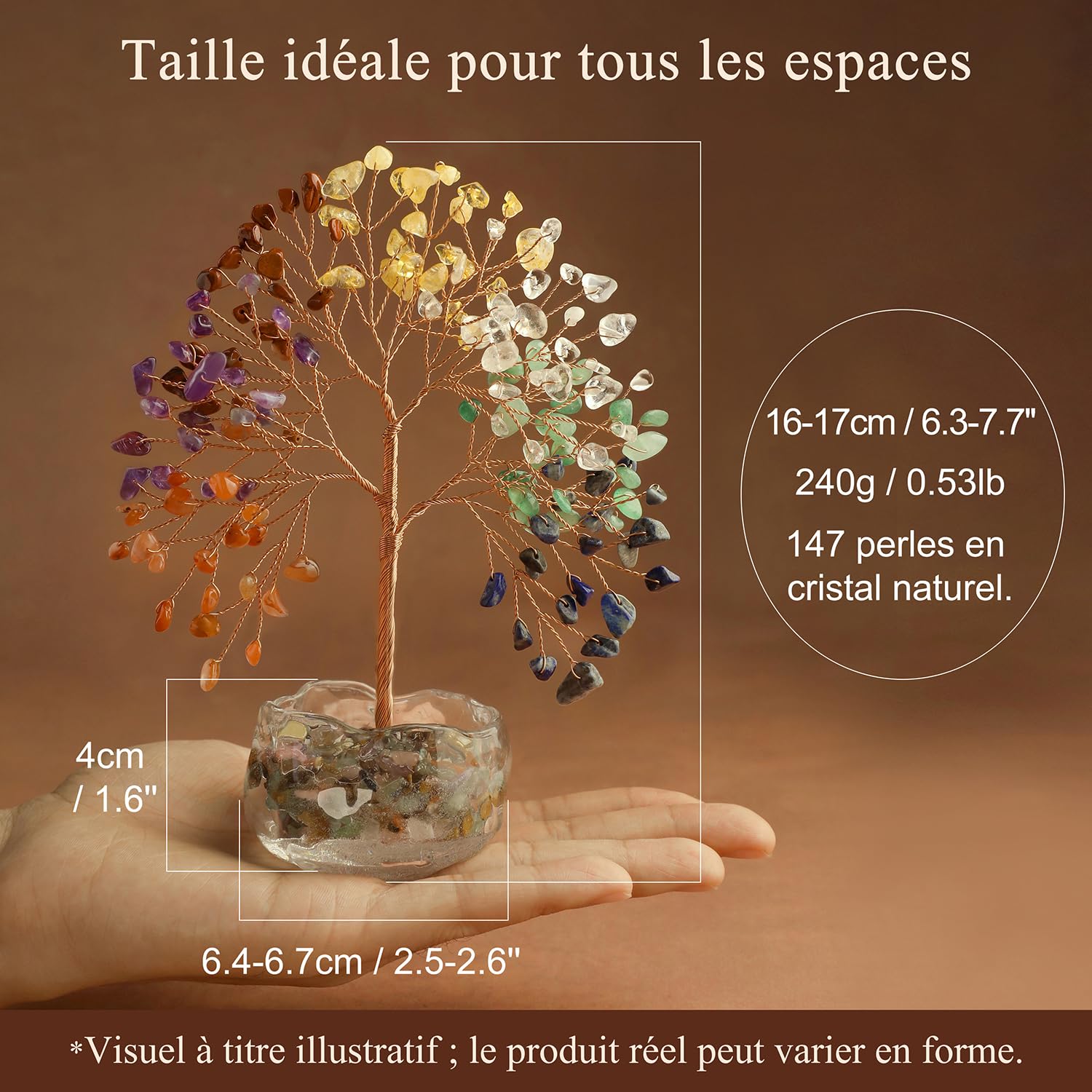Citrine Arbre en Cristal Naturel Feng Shui Bonsaï Arbre de Vie Pierres de Guérison Reiki Chakra Décoration Maison Bureau Porte Bonheur Cadeau Spirituel Base Verre 17 cm